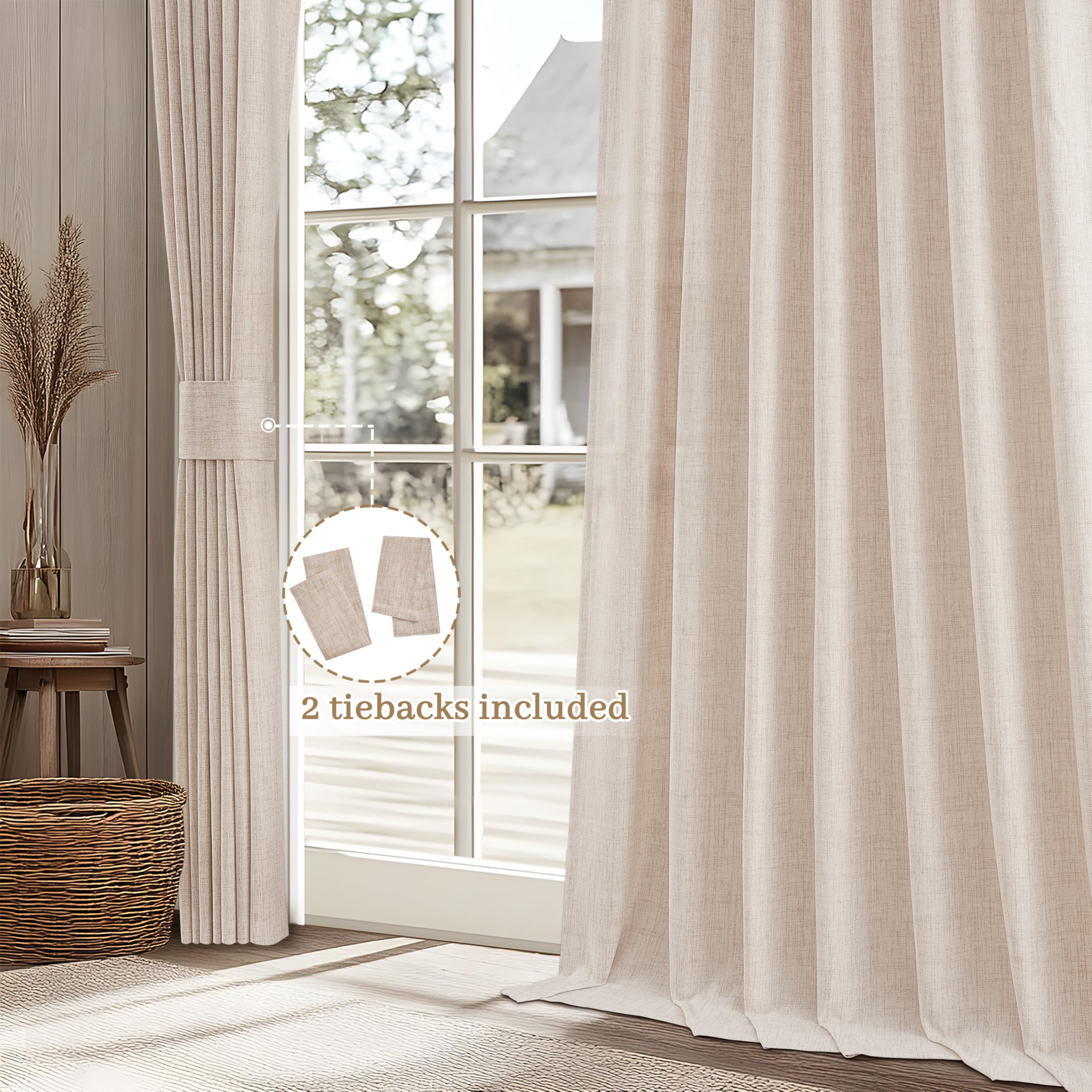 Lot de 2 Panneaux de Rideaux en Toile de Jute épaisse de 228,6 cm de Long pour Salon, Voilage plissé en Lin Naturel de Style bohème Rustique et Beige pour Chambre à Coucher, Rideaux de fenêtre