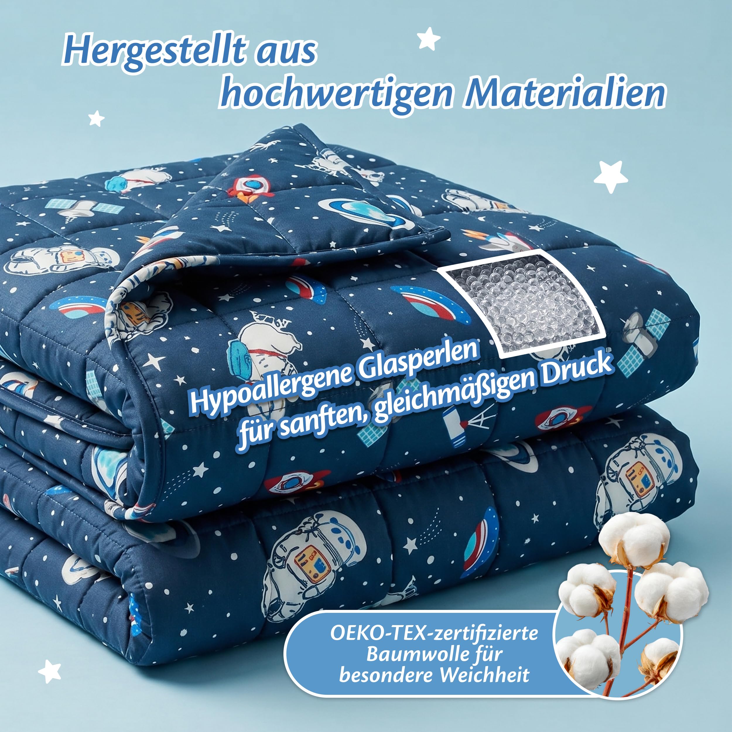 Ella Gewichtsdecke Kinder 3,2 kg 100x150 cm Therapiedecke Hypoallergene Glasperlen Baumwoll-Außenschicht Space