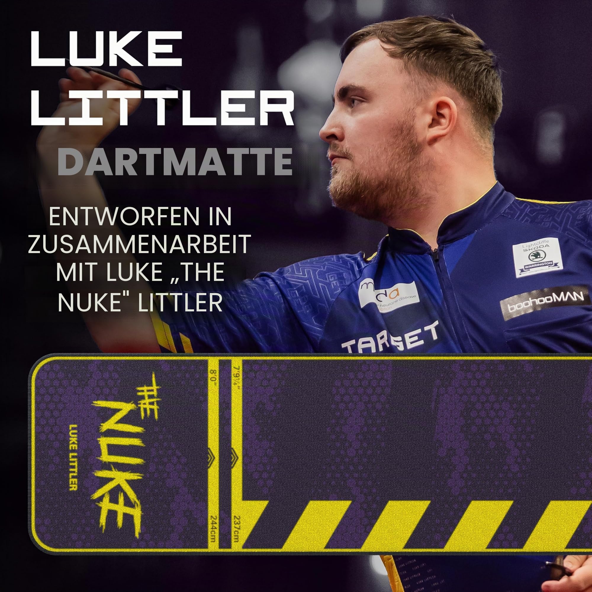 TARGET Darts Luke Littler Dartmatte, The Nuke Darts Matte | Dart Oche Matte mit Soft- und Steeldarts Wurflinienabstände | rutschfeste Teppichmatten für Boden und Dartspitzen Schutz