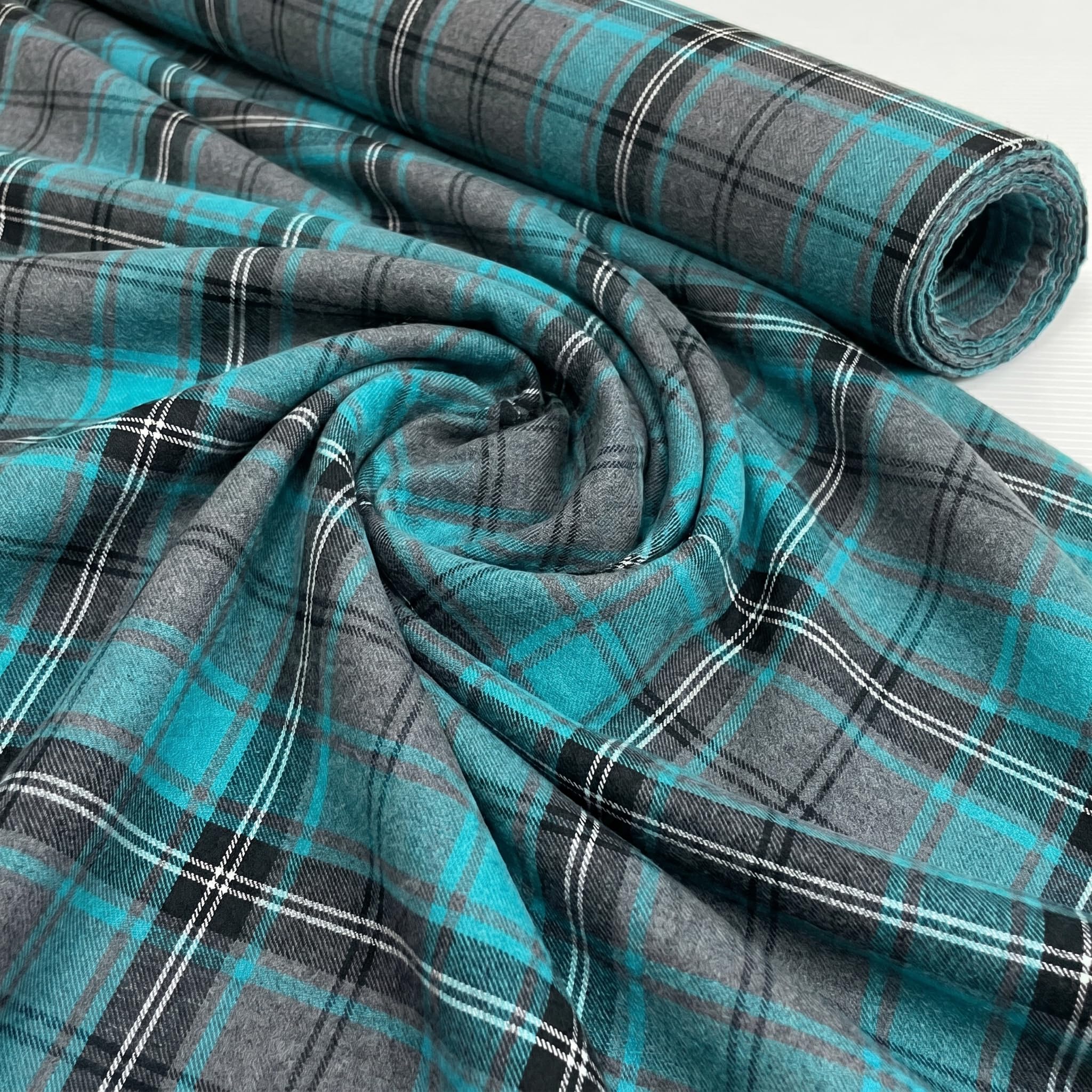 Grey & Turquoise Blue Poly Viscose Tartan Fabric (Per Metre)