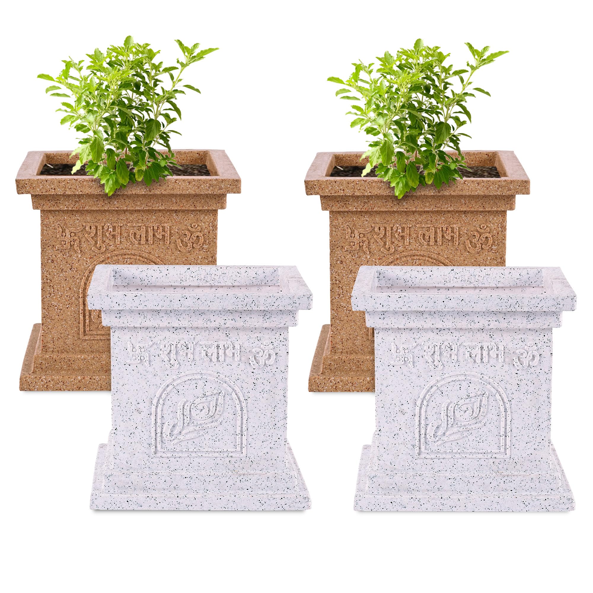 Heart Home Pack of 4 Plastic Tulsi Mancha For Home | 12 Inch Modern Tulsi Gamla/Planter Pot for Home Decor, Balcony & Garden | Marble White & Beige