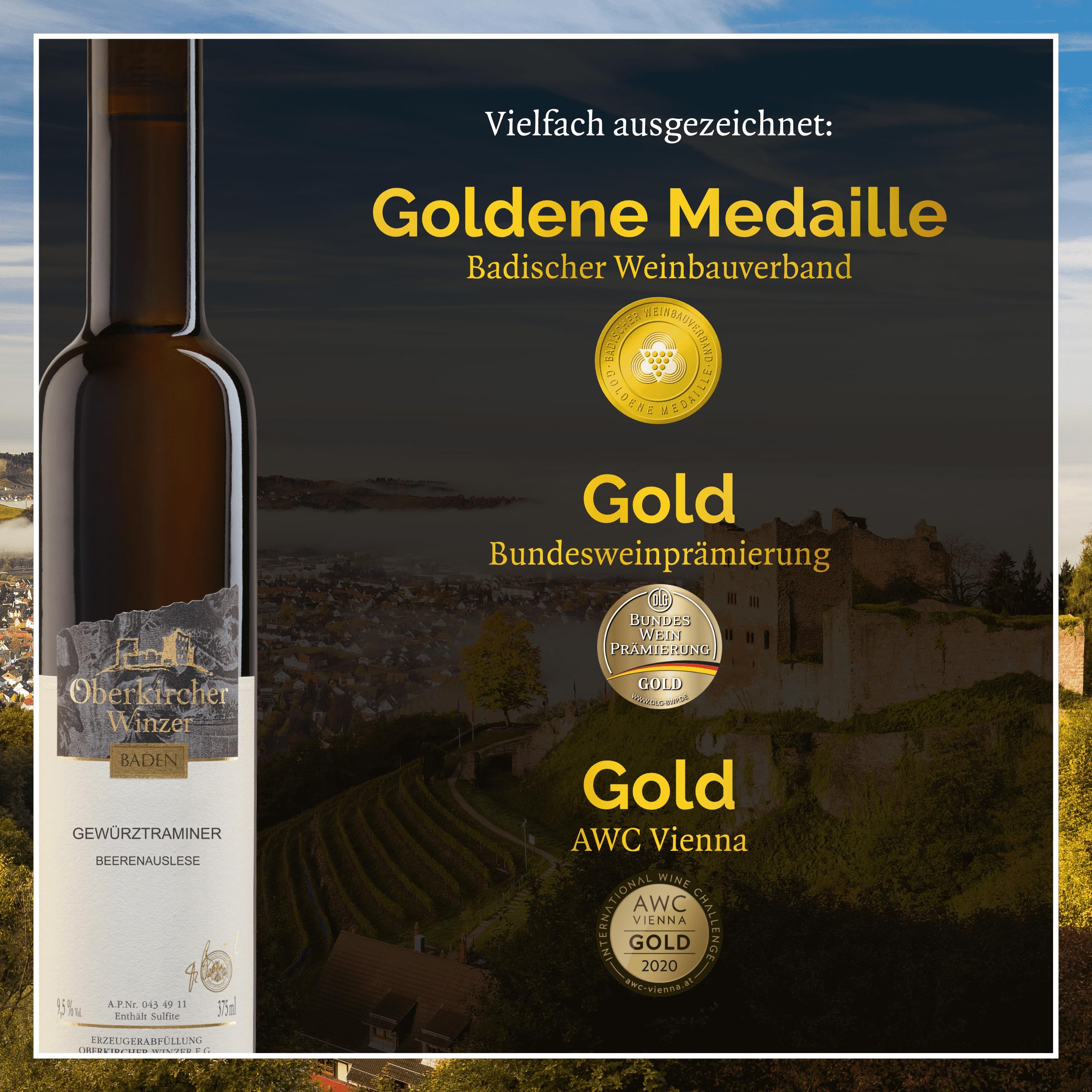 Oberkircher Winzer Gewürztraminer Beerenauslese - GOLD AWC Vienna - COLLECTION OBERKIRCH Exklusiv - ausgeprägte Fruchtsüße & viel Opulenz, Badischer Wein, Anbaugebiet Ortenau (1 x 0,375l)