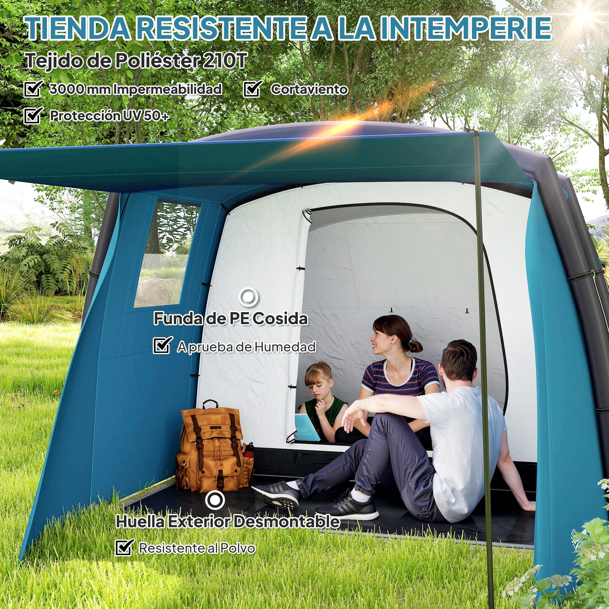 Outsunny Tenda da campeggio gonfiabile per famiglie, tipo Tunnel per 3-6 persone, tenda da campeggio glamping con lobby, finestre in rete e borsa per il trasporto, protezione UV 50+ impermeabile
