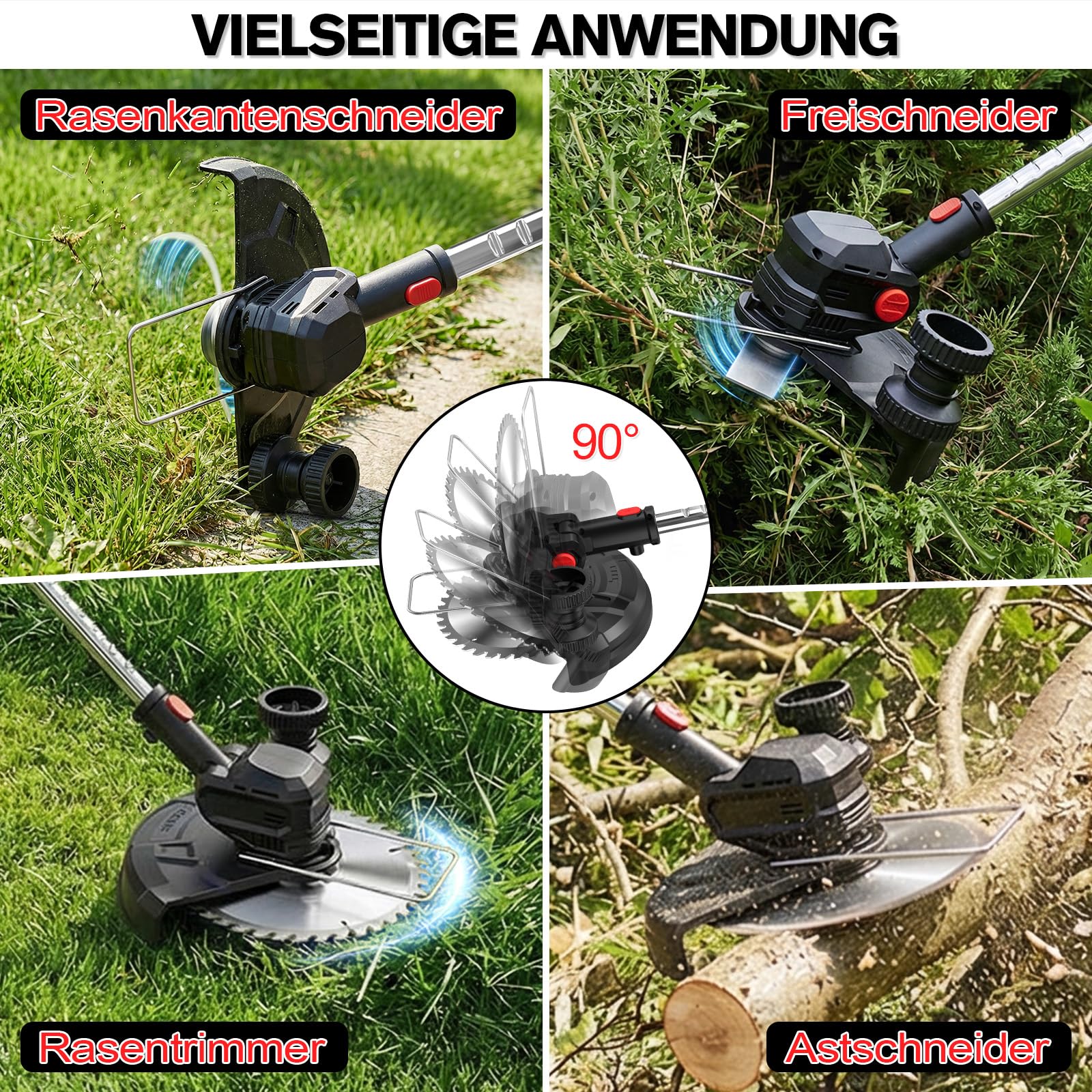 Rasentrimmer mit Akku 21V, 4-in-1 Freischneider & Motorsense 24000 RPM, Rasenkantenschneider inkl. 2X 2.0Ah Batterien, Rädern, 90° drehbarer Kopf & LCD-Anzeige (Profi-Serie)
