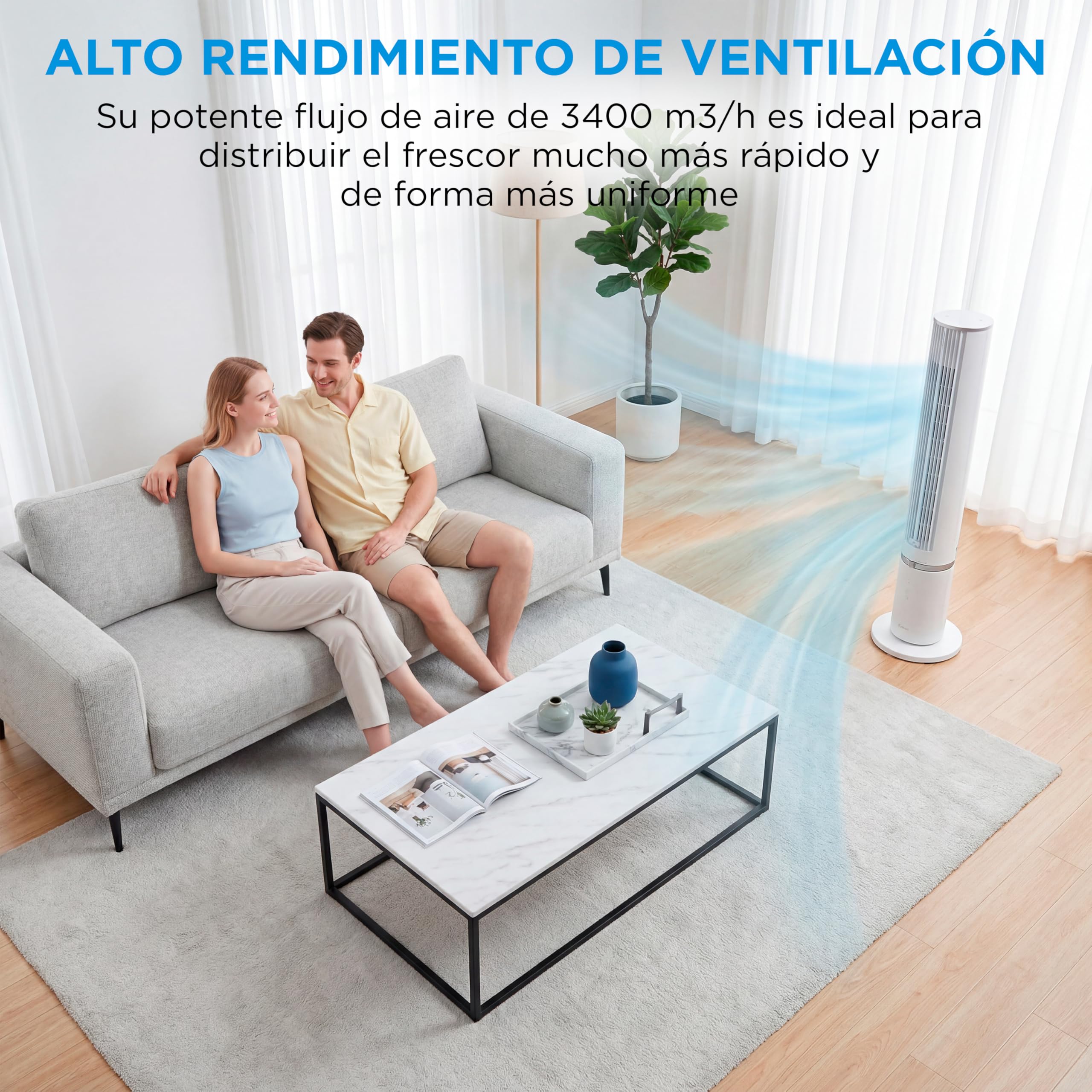 Midea Ventilador Torre con Mando a Distancia de 4 Velocidades - Ventilador de Torre Silencioso con Oscilación 90º, Temporizador 7h, Distancia 9m/s, 2 Modos, con Caja de Aromaterapia y Modo Sleep