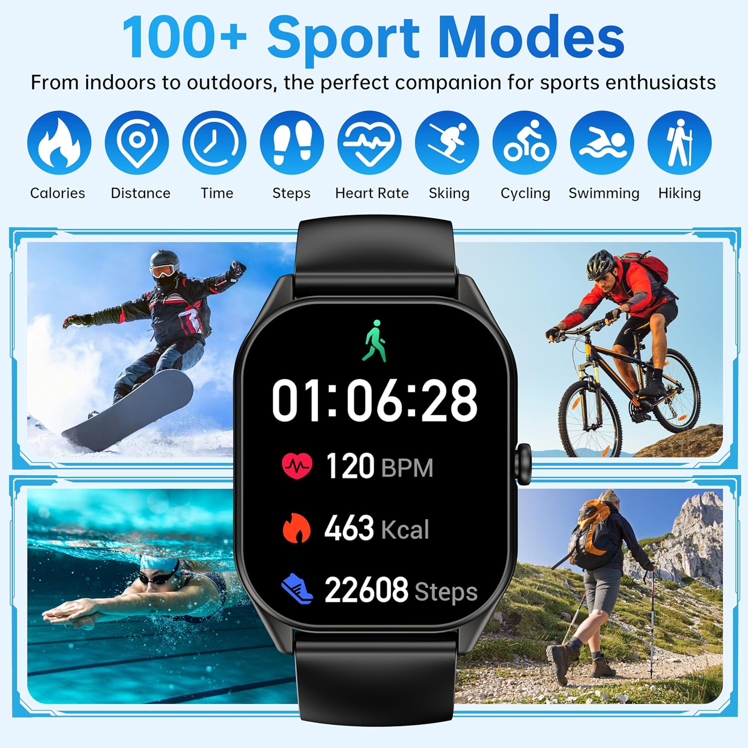 Smart Watch for Men Women, 2.0" HD Touchscreen Fitness Tracker, Bluetooth Calls/Notifications, IP68 Waterproof, 100+ Sport Modes Fitness Watch, Heart Rate Sleep Monitor Smartwatch for Android iOS - Image 6