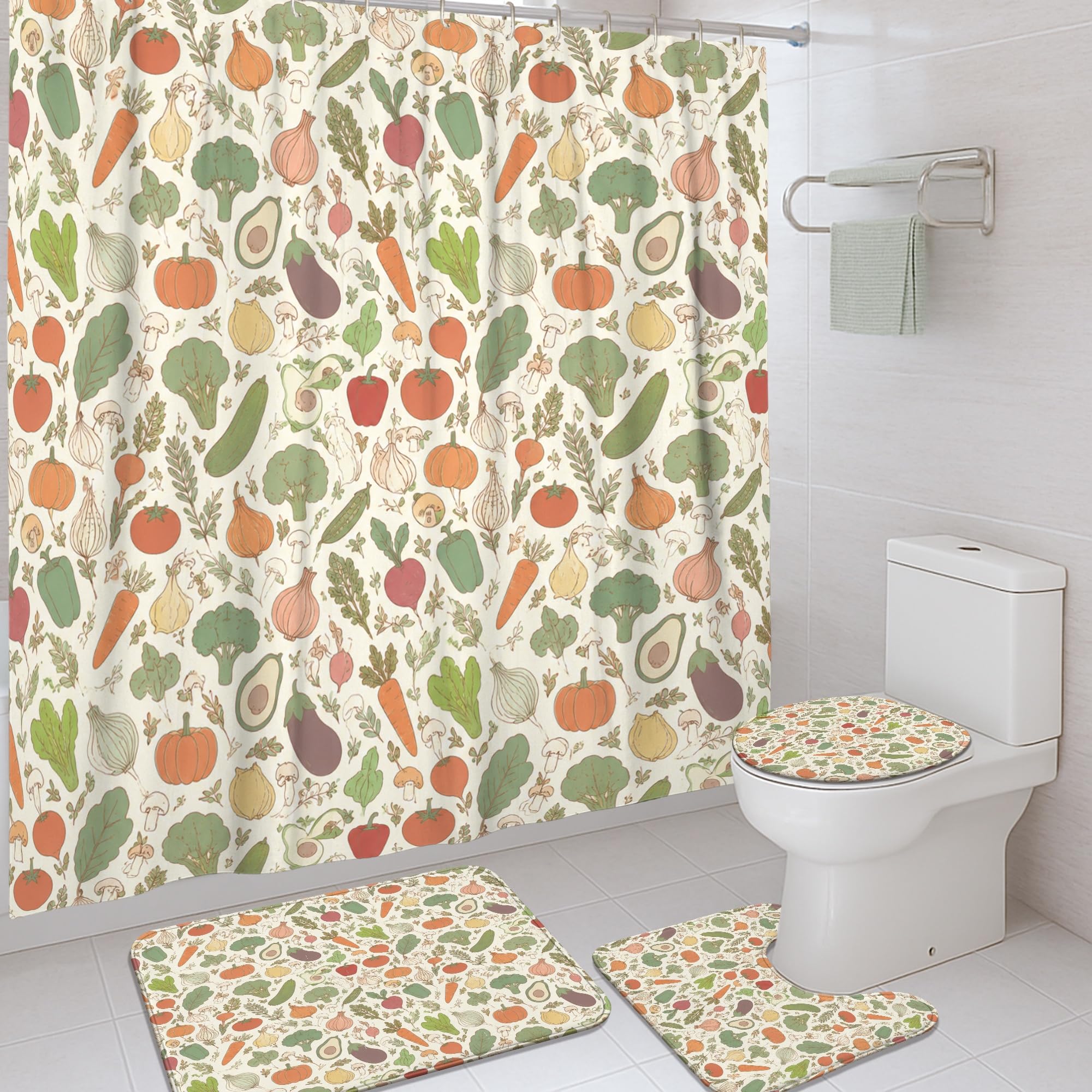 Rideau de douche rustique carotte brocoli et citrouilles vert automne 183x183 cm avec crochets