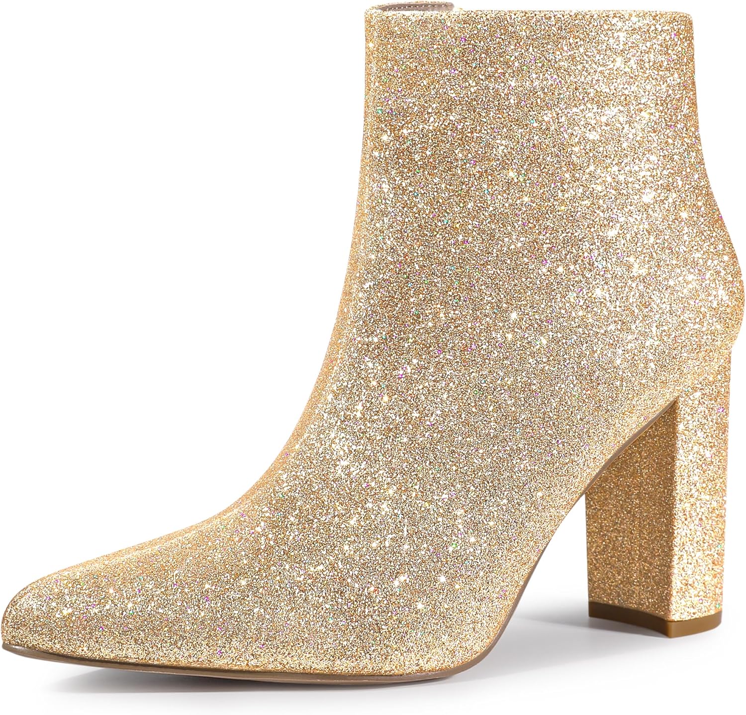 Perphy Glitter Pointed Toe Chunky Heels Sparkly Booties Ankle Boots for Women