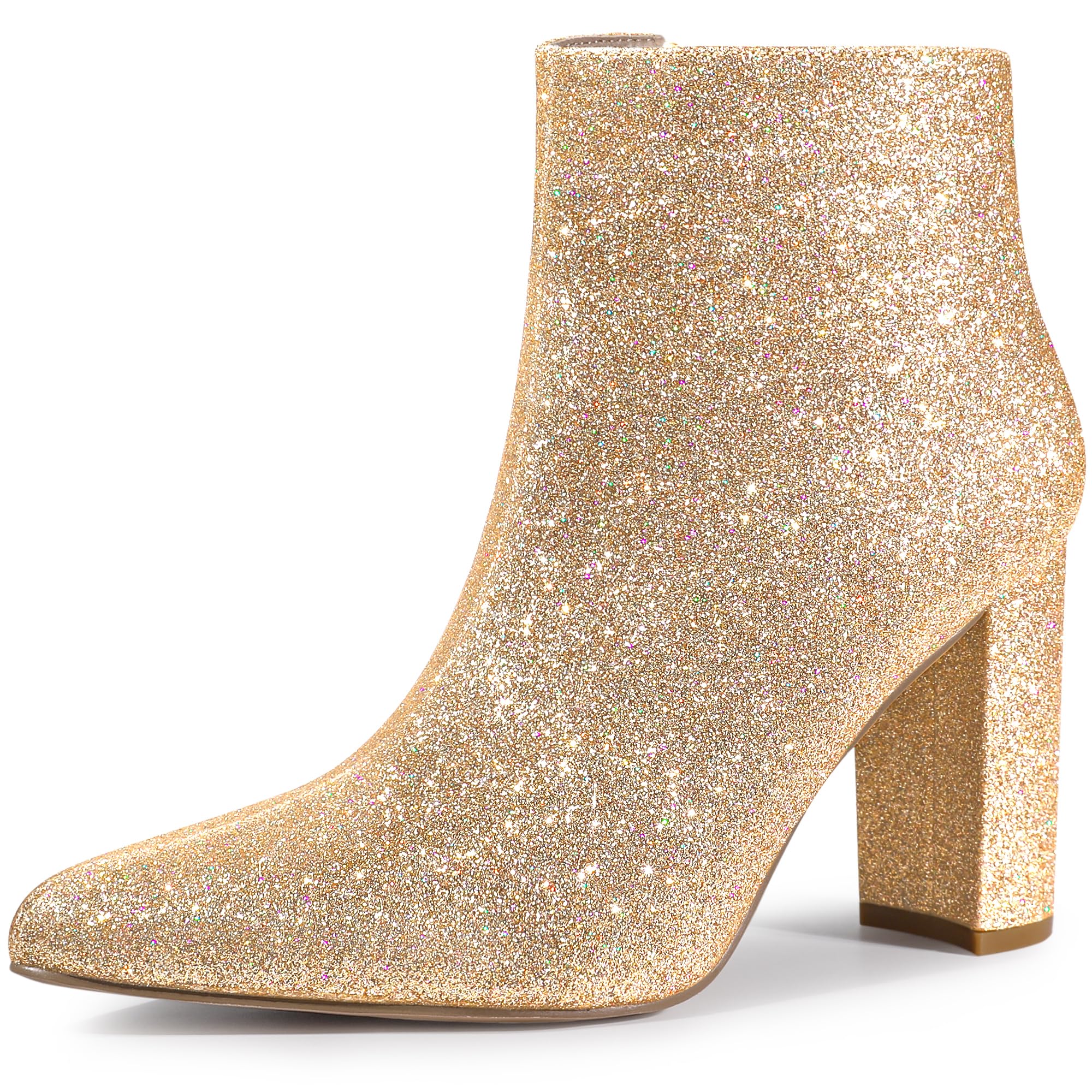Perphy Glitter Pointed Toe Chunky Heels Sparkly Booties Ankle Boots for Women