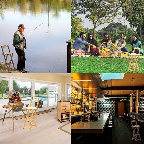 Miniatura 8 de Taburete plegable con respaldo, taburete de bar portátil de altura de mostrador de cocina, reposapiés, silla de madera para el hogar, cocina y