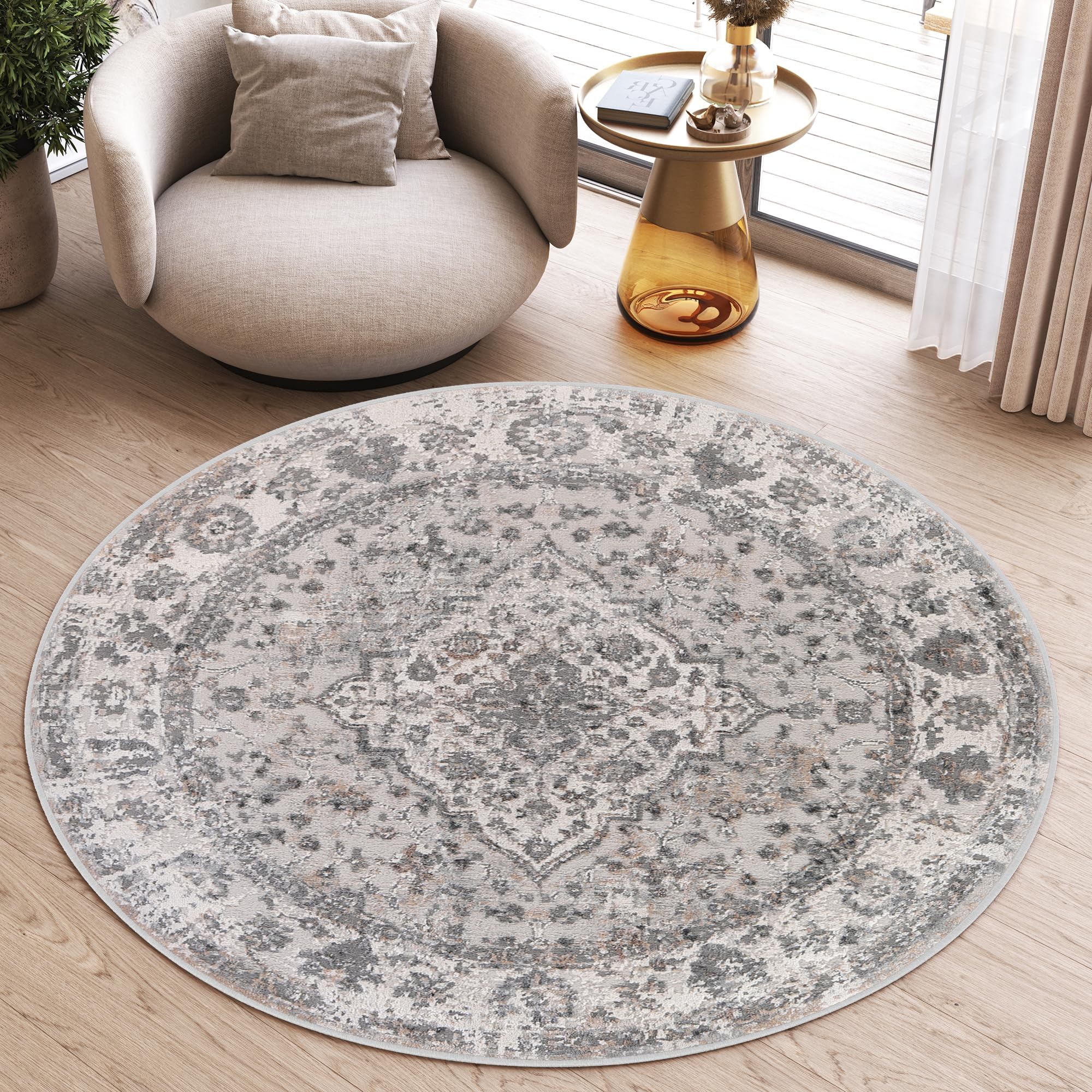 TAPISO Valley Rund Teppich Kurzflor Vintage Hellgrau Rosette 240 x 240 cm
