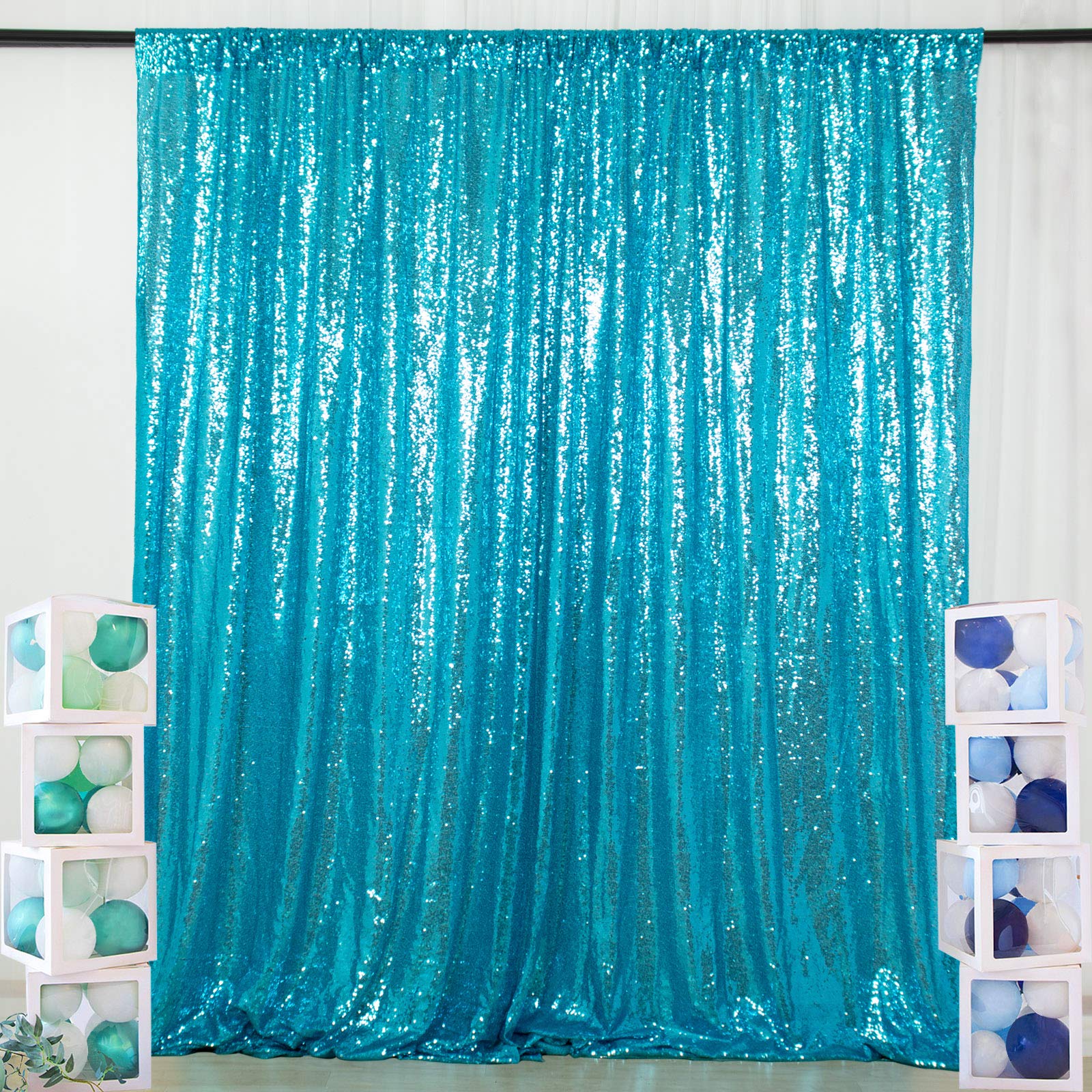 ShinyBeauty Sequin Curtain Turquoise 4FTx8FT Photo Backdrop - Aqua Blue Glitter Photography Backdrop for Wedding and Bridal Shower