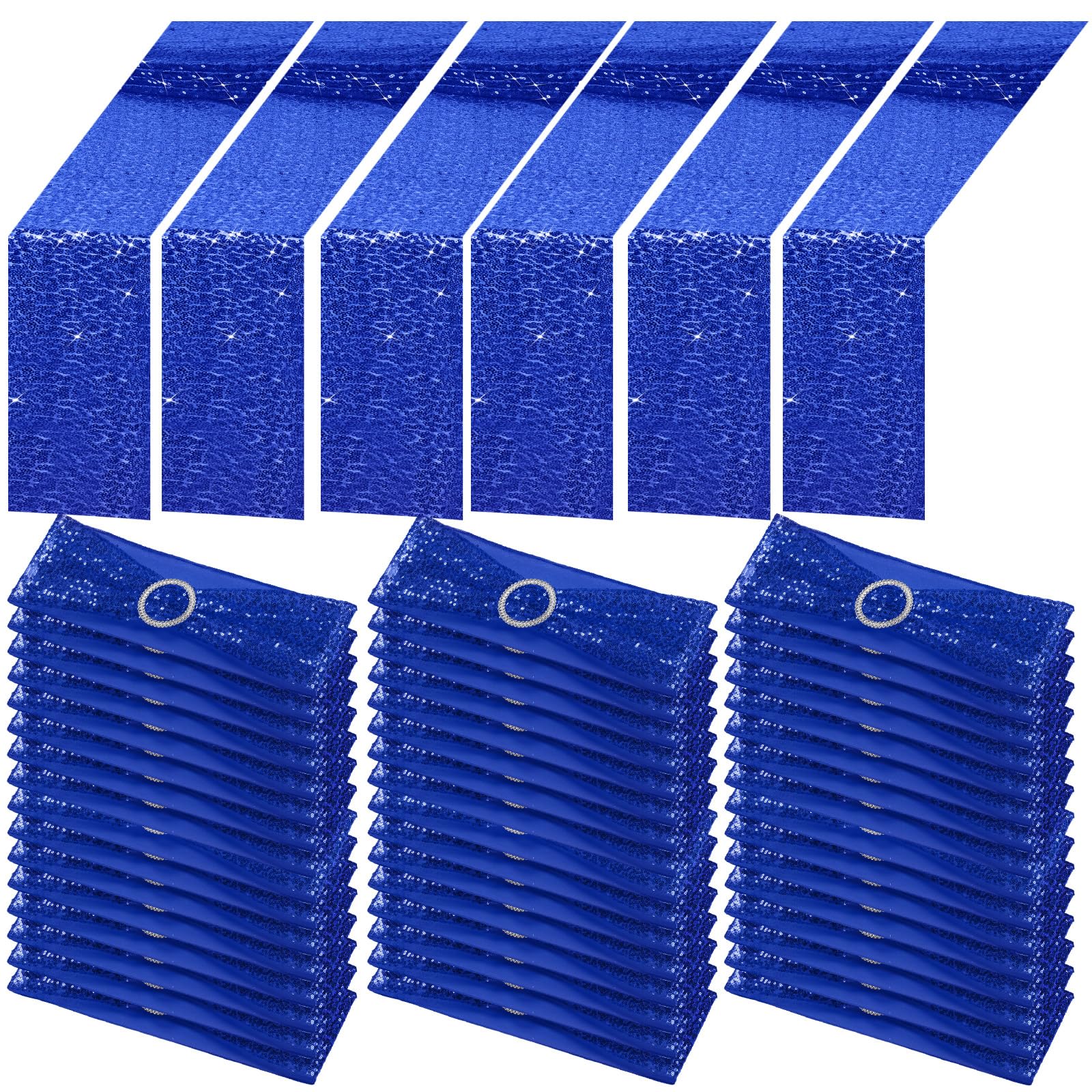48 Pieces Sequin Chair Sashes and 6 Pieces Sequin Table Runners Set Sequin Chair Bows Glitter Sashes for Chair Covers Birthday Wedding Banquet Holiday Party Decorations (Blue)