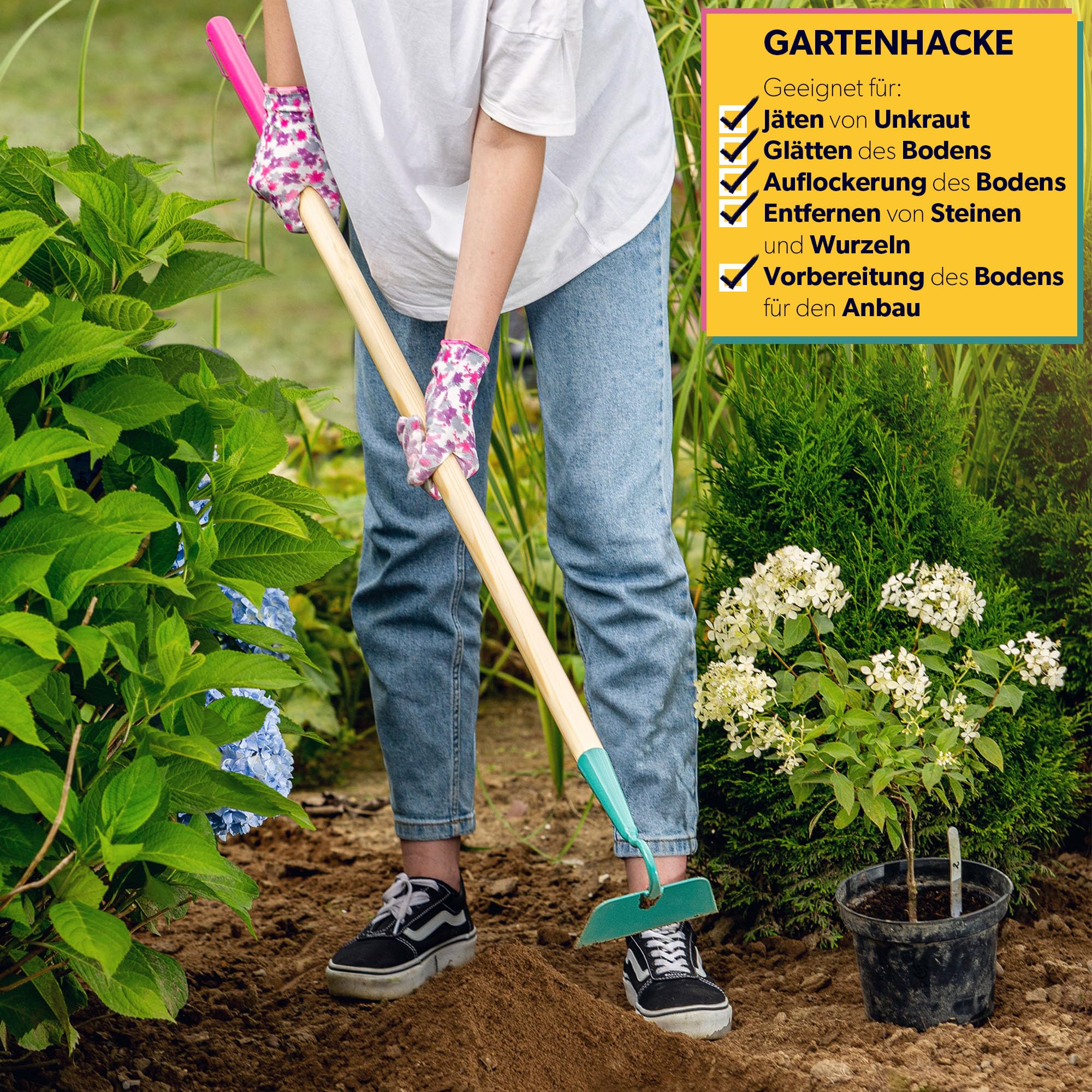 KADAX Gartenwerkzeug-Set, 4er Set, Metall Spaten, Rechen und Hacke, Gartenwerkzeug für Damen, Inclusive Handschuhe, Gartenset, Gartengeräte