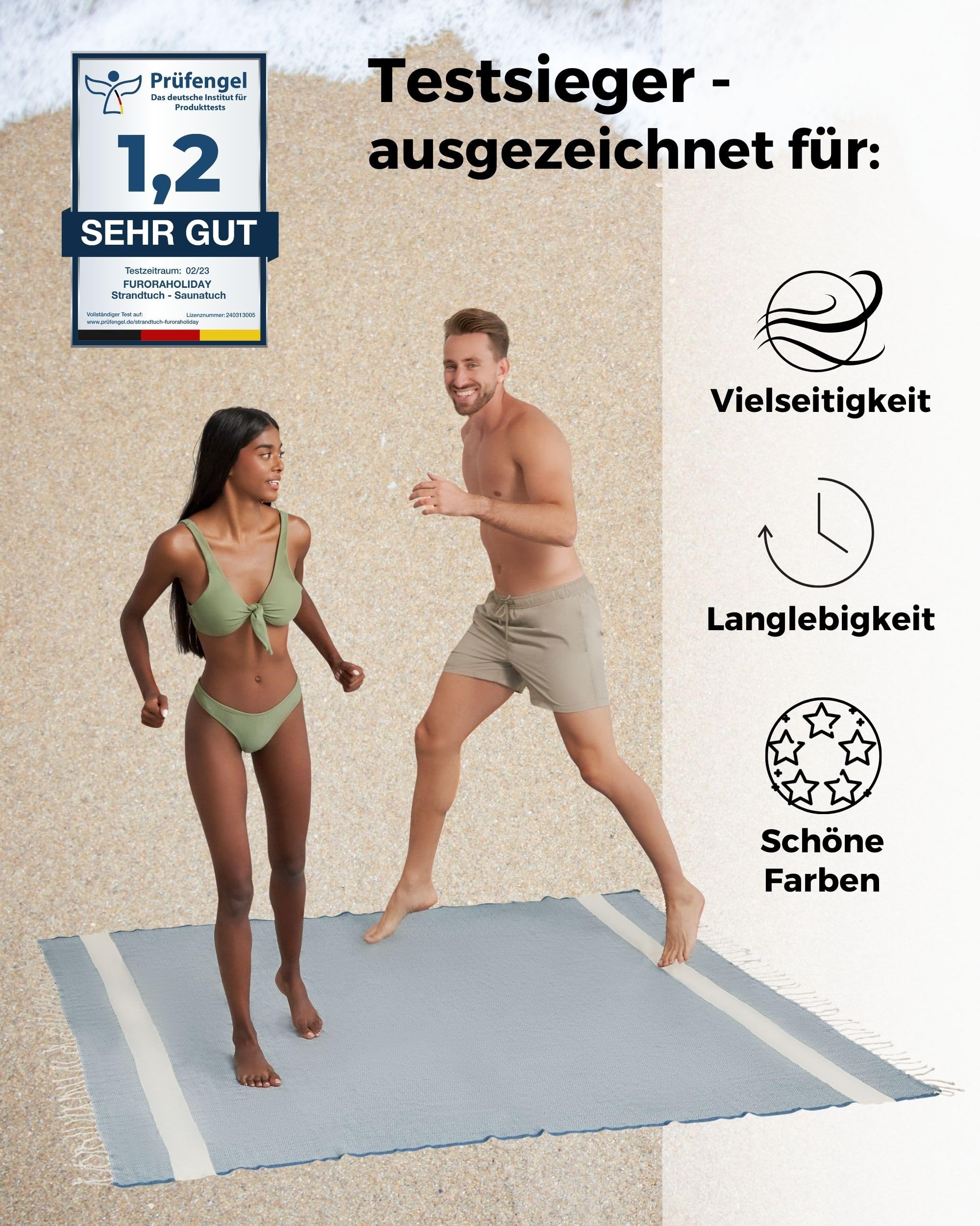 furora Holiday Strandtuch XXL 200x200 cm: Baumwolle, leicht dünn | Picknickdecke Stranddecke + Strandhandtuch Groß, Hamamtuch Saunatuch Damen Herren, Beach Towel Cotton Strandlaken, Urlaub Must Have