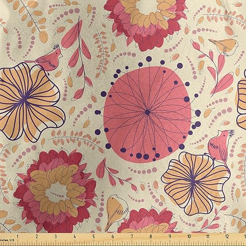 Lunarable Spring Fabric by The Yard, Pastel Nature Botany Floral Theme with Curvy Lines Stems Petals Birds Dots, Decorative Satin Fabric for Home