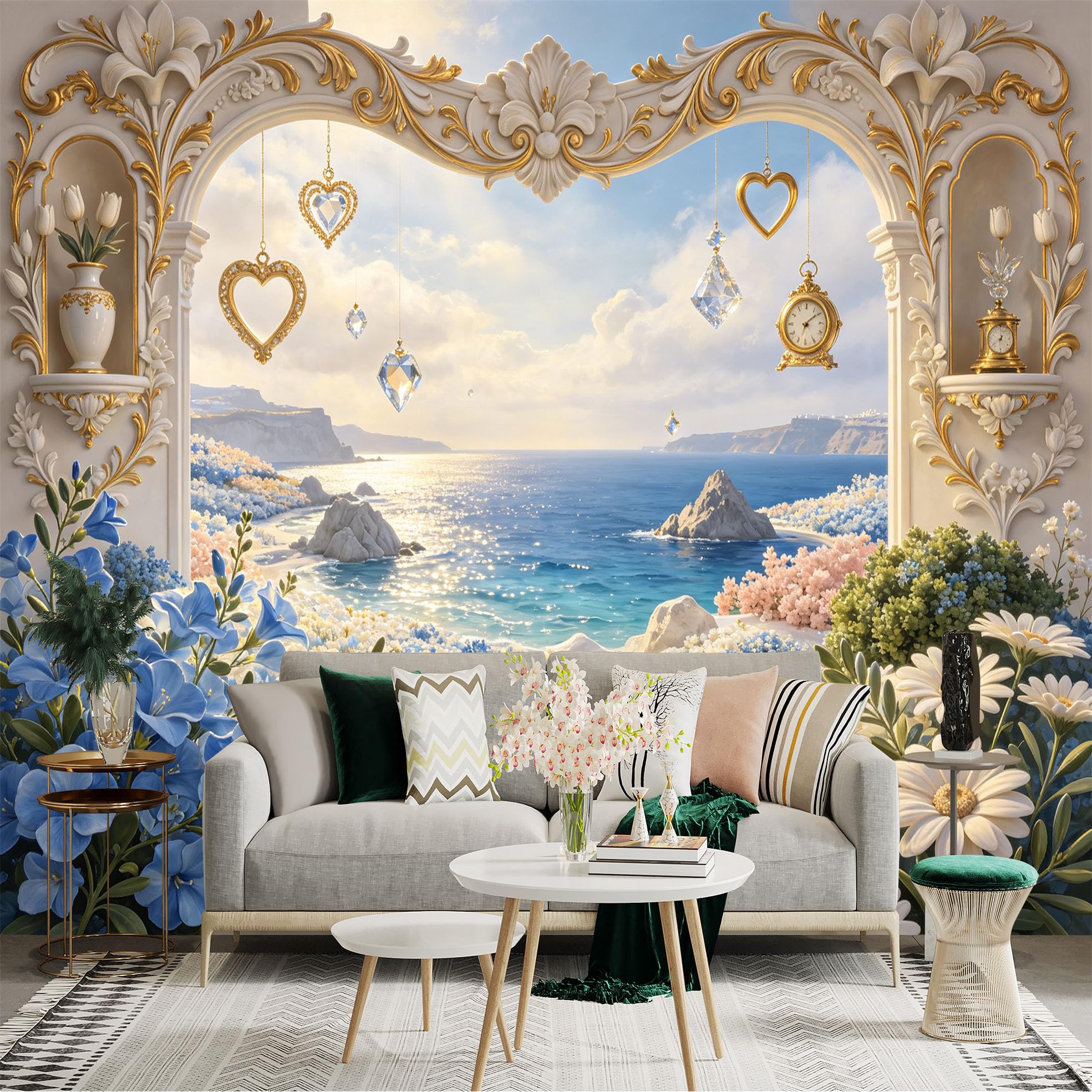 Lnzczhyre Bh260719410 Custom Size Wall Sticker Mural， Elegant Mediterranean Arch View With Flowers， Hanging Crystal Hearts And Vintage Clock， For Wall Decoration， Peelandstick Wall Decals.