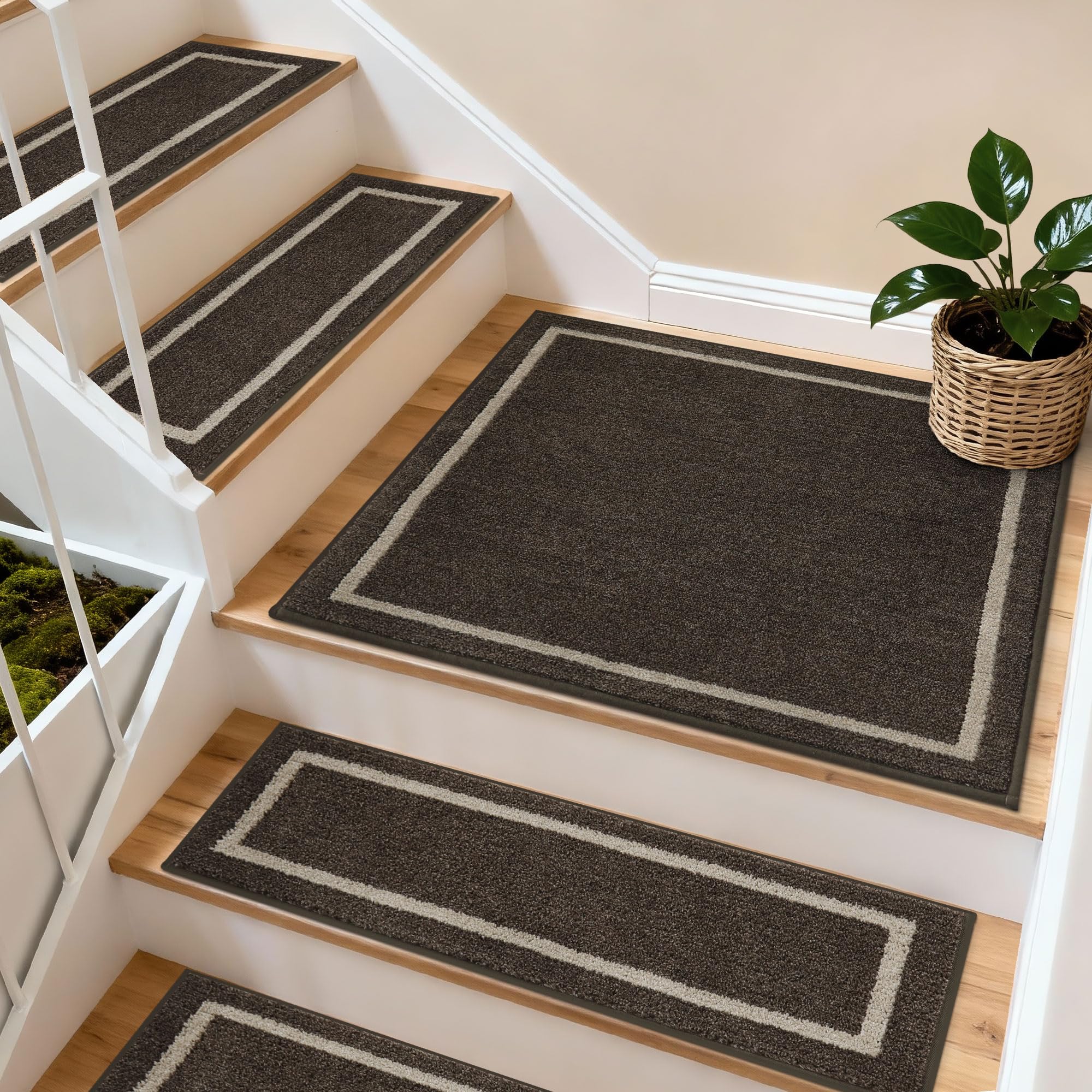 COSY HOMEER 76 x 76cm Square Staircase Corner Stair Treads Mats for Indoor Staircases, Washable 100% Polyester Carpet Staircase Mat for Kids Elders Dogs with TPE Backing, 1 pcs Brown