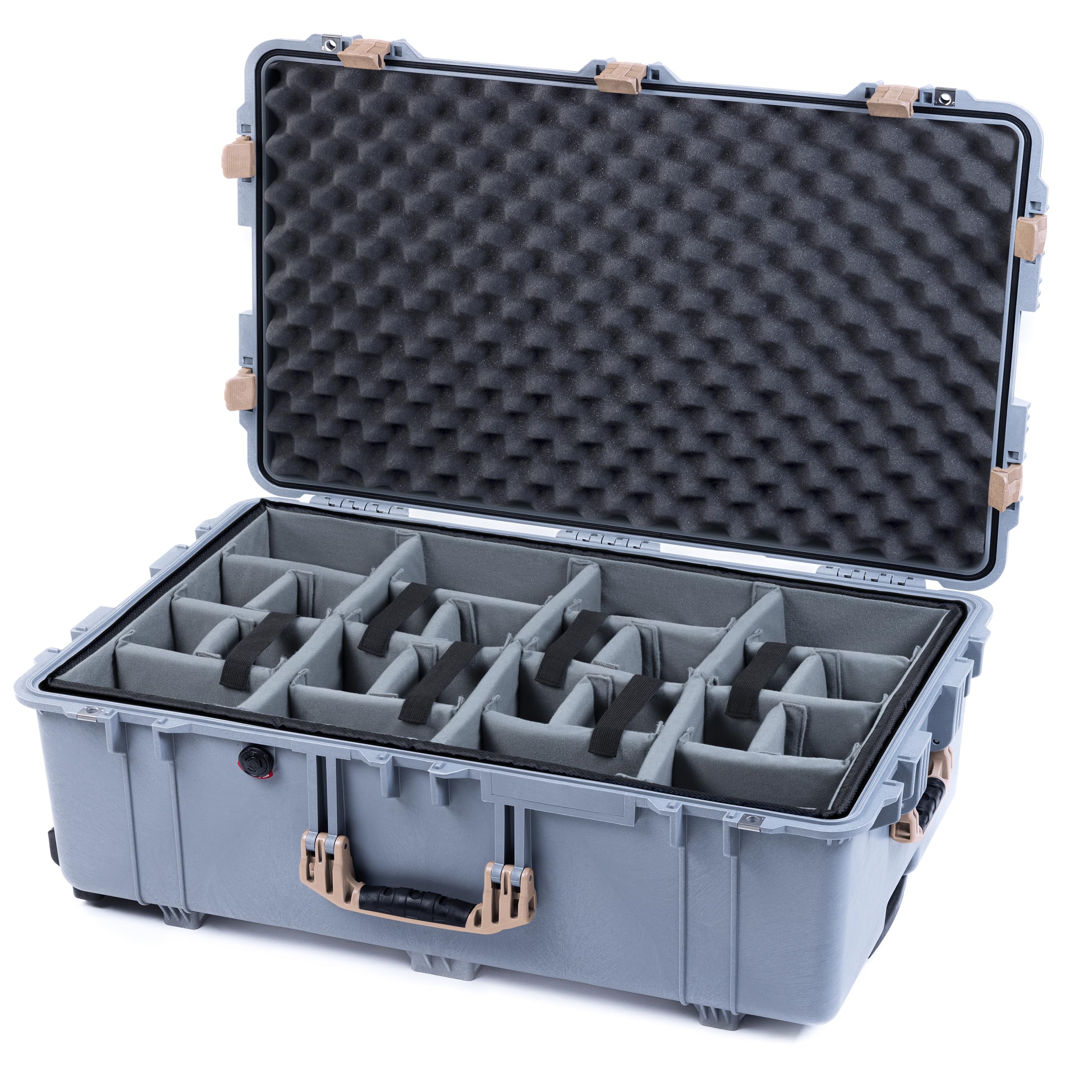 ColorCase Pelican 1650 Case Silver - Large Sized Waterproof Rolling Case with Gray Padded Dividers & Convoluted Lid Foam - Desert Tan Handles & Latches