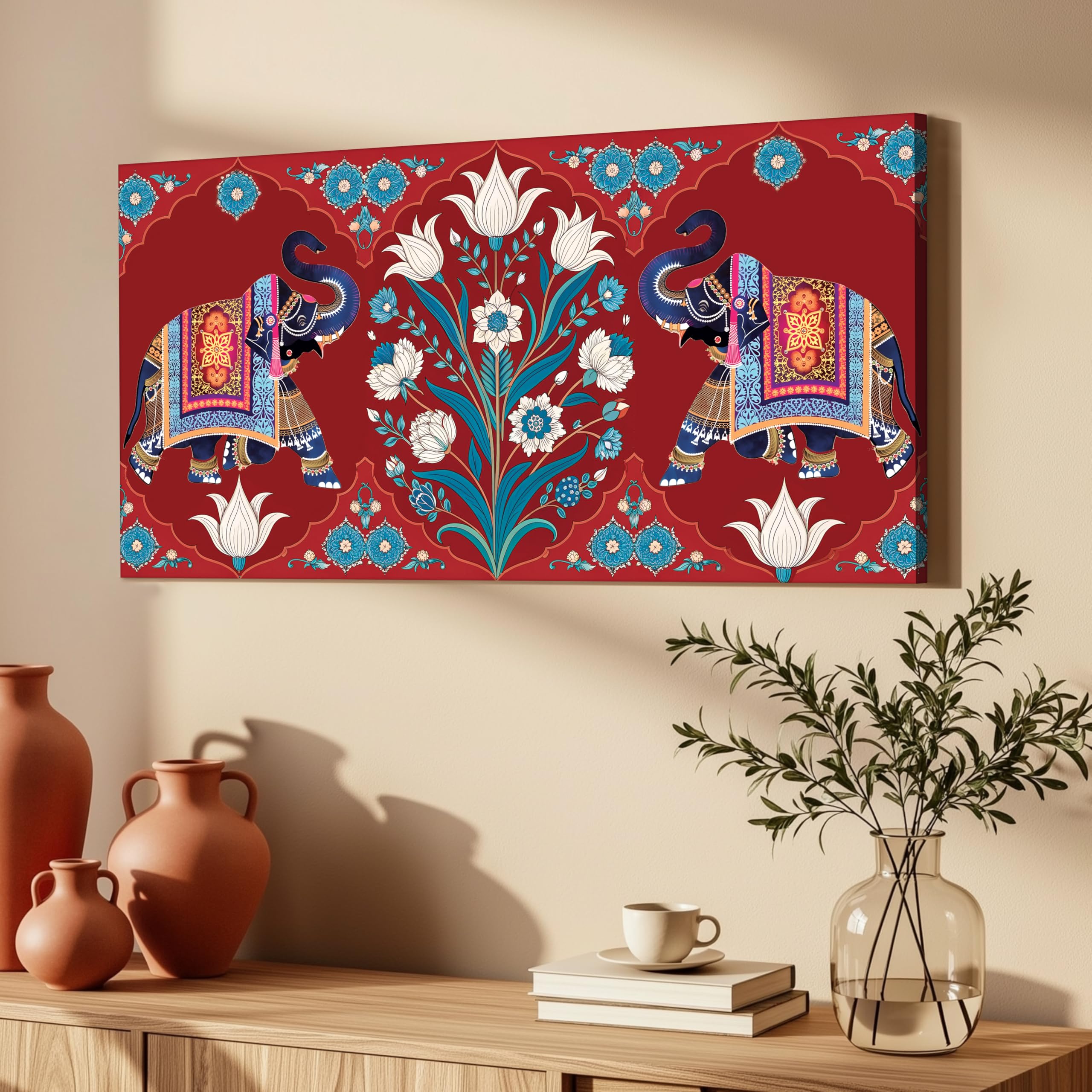 PAINTINGMANTRA Stretched Canvas Painting Kalamkari Elephant Lotus Art Horizontal Wall Art for Living Room Decor, Large Indian Folk Art Canvas Ornate Elephants Lotus Home Wall Art – 56x117 cm