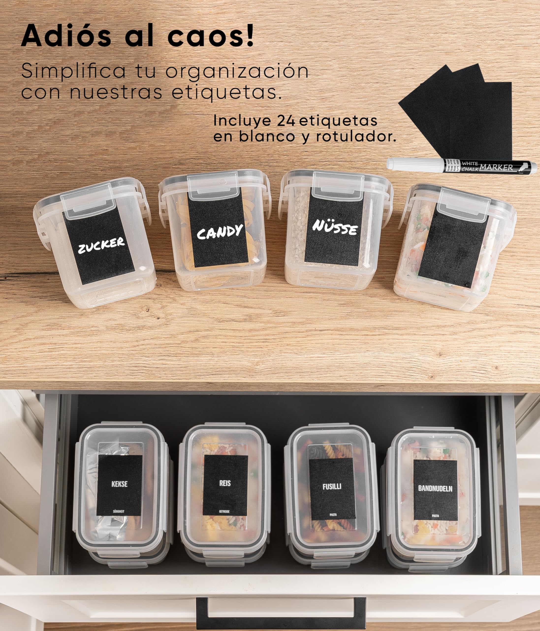 Deco haus Botes Cocina Almacenaje de Plástico - Cajas de Almacenamiento de Alimentos Reutilizables con Tapa Hermética - Recipientes para alimentos Set de 24 -Tarros sin BPA - 0,8L 1,4L 2L 2,8L
