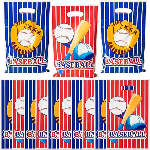 AwserTantue Bolsa de regalo de fiesta de béisbol, 50 unidades, color azul y rojo, bolsa de plástico para golosinas con asa, decoración de envoltura