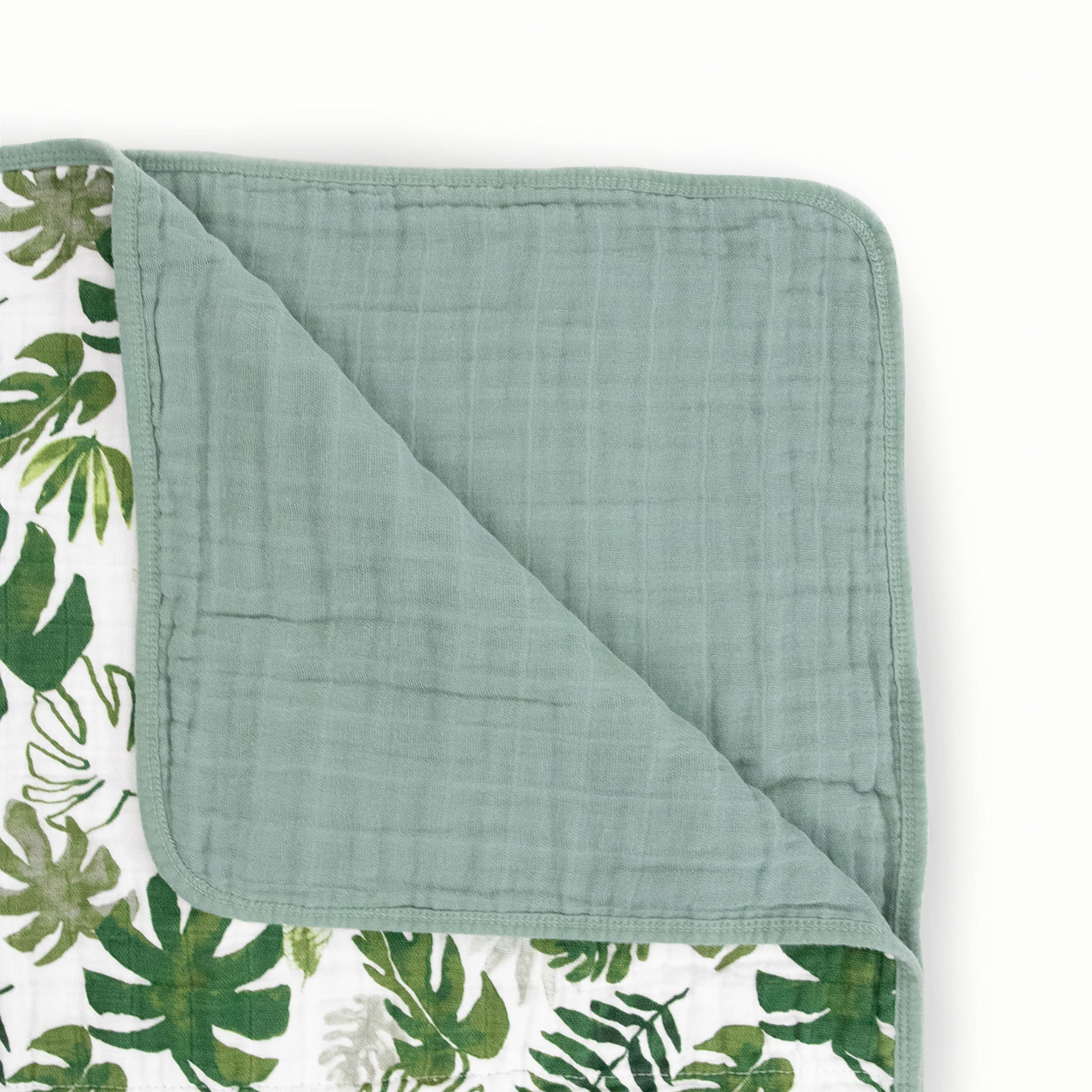 Little Unicorn - Coperta premium in mussola di cotone al 100% - Coperta trapuntata traspirante - Coperta per gattonare - Coperta morbida - Design dipinto a mano - 120 x 120 cm (Tropical Leaf)