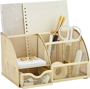 Organisateur de bureau en maille Annova avec 7 compartiments + tiroir / Rangement pour bonbons / porte-stylo / Organisateur multifonctionnel (or)