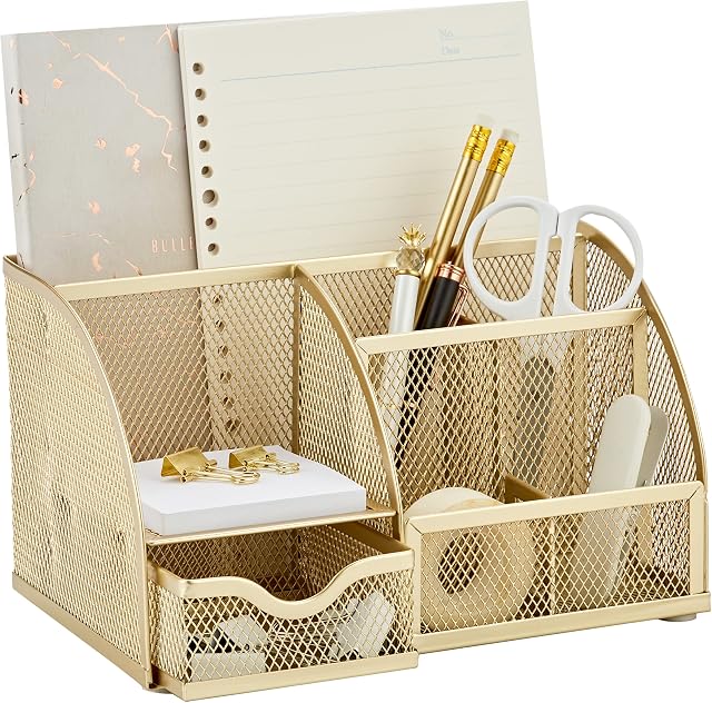 Organisateur de bureau en maille Annova avec 7 compartiments + tiroir / Rangement pour bonbons / porte-stylo / Organisateur multifonctionnel (or)