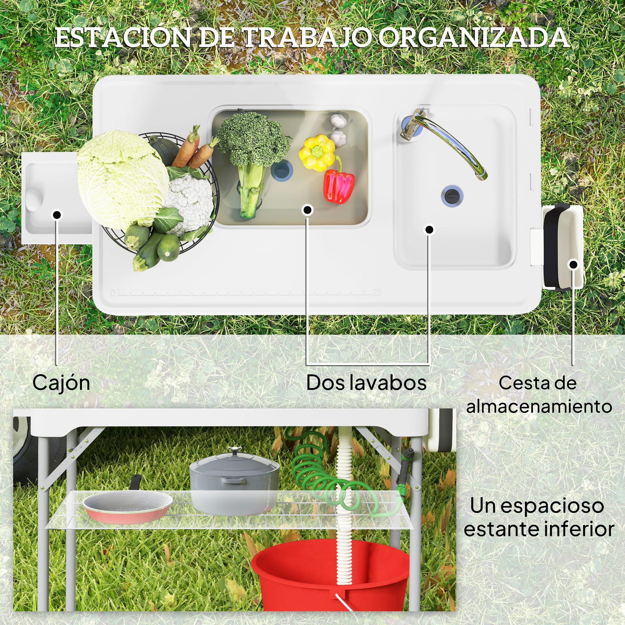 Outsunny Mesa para Limpiar Pescado Portátil Mesa Plegable para Camping con 2 Fregaderos Manguera de Drenaje Estación de Limpieza y Grifo para Pesca Barbacoa 108x58x92 cm Blanco