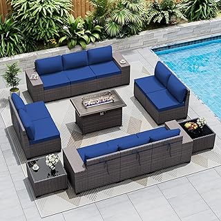 Outdoor Patio Furniture Set with Gas Fire Pit Table, 13 Pieces Patio Sec...