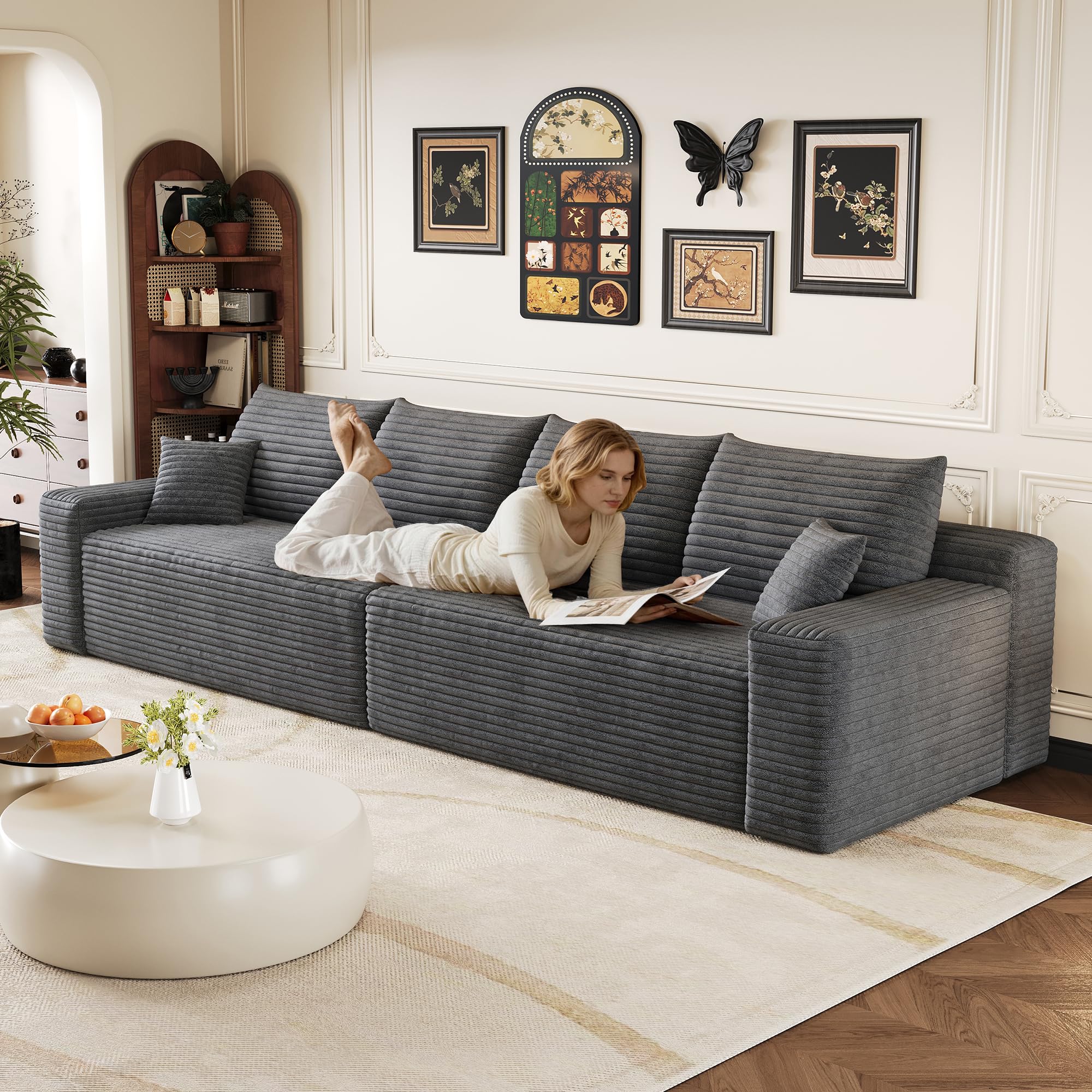 Comodo divano in velluto a coste da 302 cm, moderno e minimalista, con chaise longue in spugna, per soggiorno, modulare modulare senza ossa, grigio scuro: 4 persone