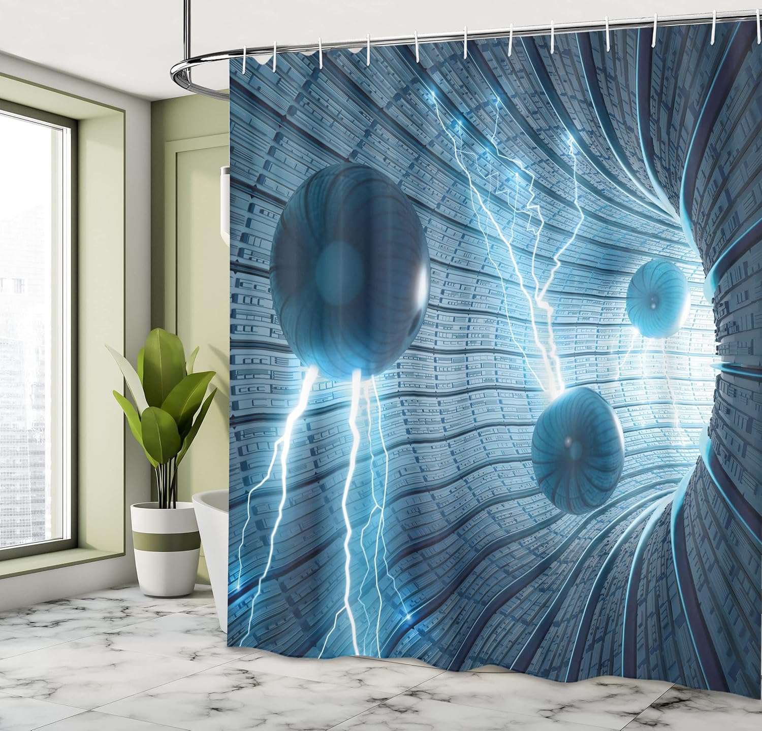 Ambesonne Abstract Shower Curtain, Science Fiction Abstract Art Inside a Tunnel with Electric Spheres Illustration Print, Cloth Fabric Bathroom Decor Set with Hooks, 69" W x 84" L, Blue