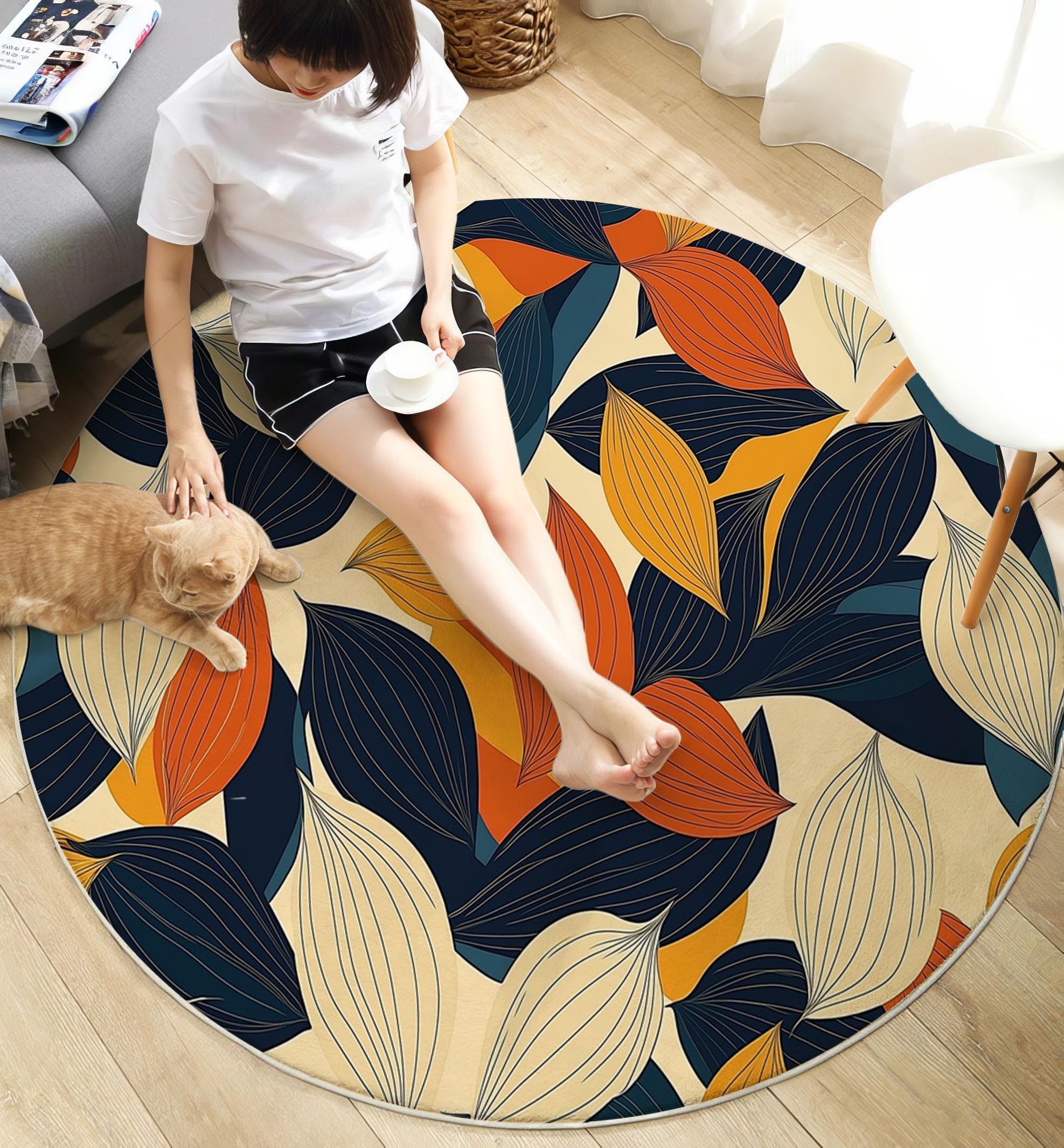 Teppich Rund 120cm, Maisblätter Geometrie Bedrucktes Design, Weich und Flauschig Retro-Botanischer Stil Küchenteppich, rutschfest Waschbar Senfgelb Teppich für Kinderzimmer Wohnzimmer Schlafzimmer
