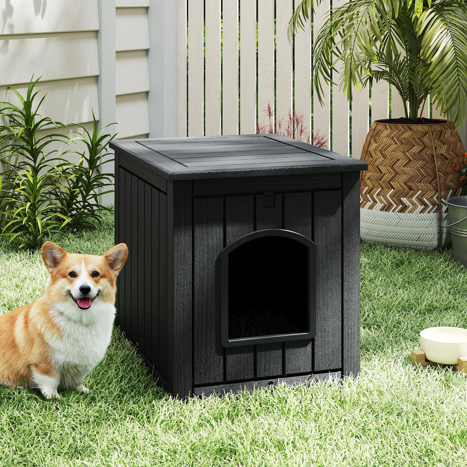 COSTWAY Maison pour Chat Interieur Exterieur en PP, Porte à Battant, 4 en 1 Meuble Litiere Chat, Verrouillage de Sécurité, Base Surélevée, Niche pour Chaton Chien Lapin, 60 x 47 x 54,5 cm (Noir)