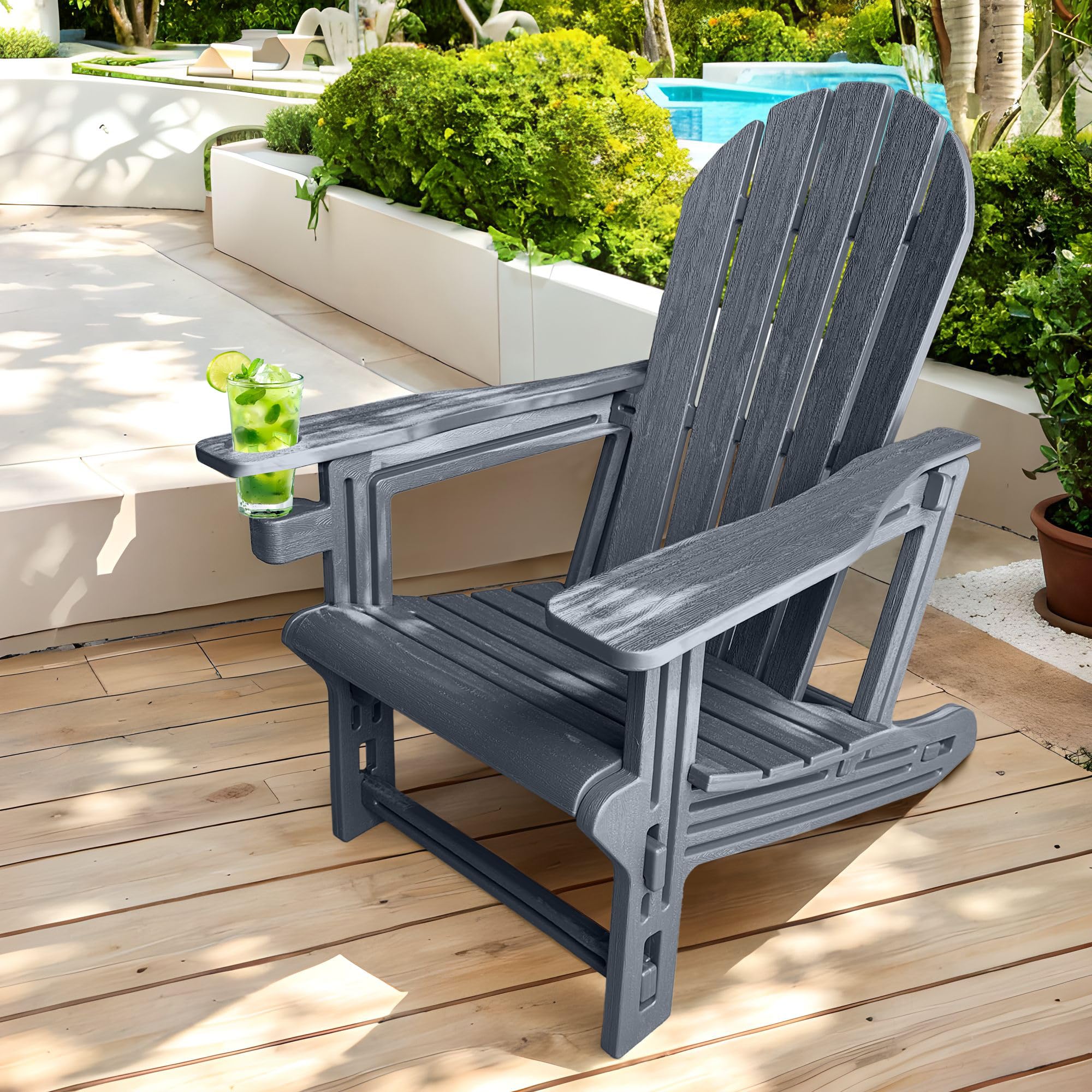 Adirondack Garden Chair, HDPE Adirondack Chairs with Cup Holder, Outdoor Armchair Outdoor Fire Pit Chairs All-Weather Lawn Chair for Deck Patio Garden, Grey