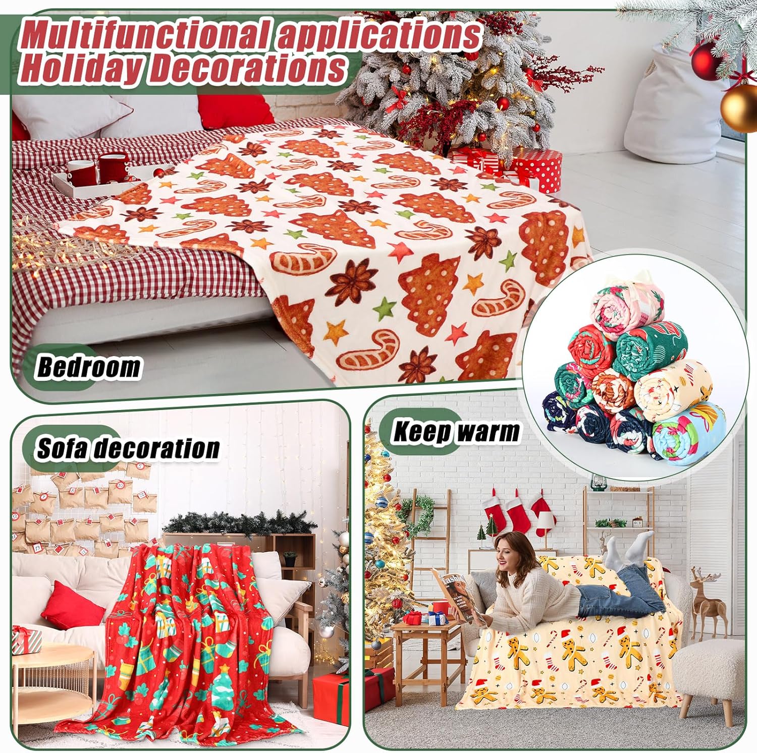 12 Pack Christmas Throw Blanket 50''x 60'' Christmas Plush Decor Winter Fleece Fuzzy Picnic Soft Warm Xmas Throw Blanket for Couch Sofa Chair Santa Claus Carpet for Home Xmas Gifts - Image 6