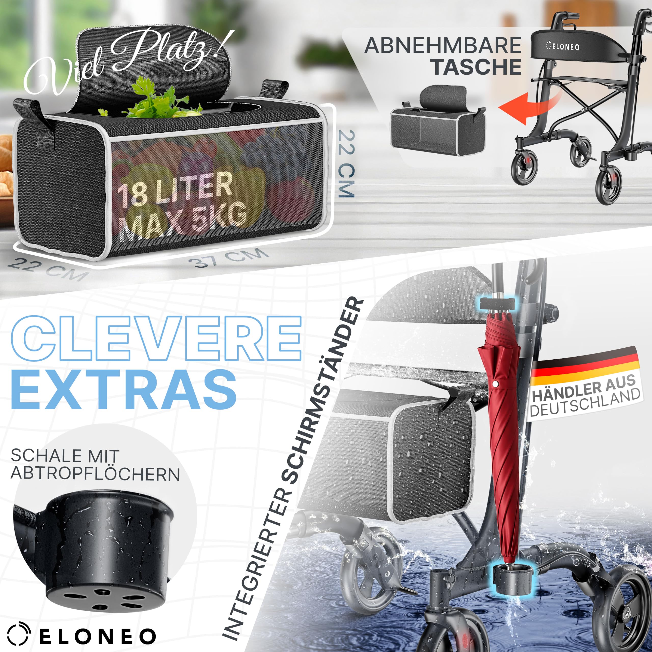 ELONEO Rollator faltbar und leicht mit Sitz - ultraleicht (5,1kg), Leichtgewicht-Reiserollator aus Aluminium, Gehhilfe höhenverstellbar und faltbar, Laufhilfe mit Tasche & Schirmhalter, schwarz