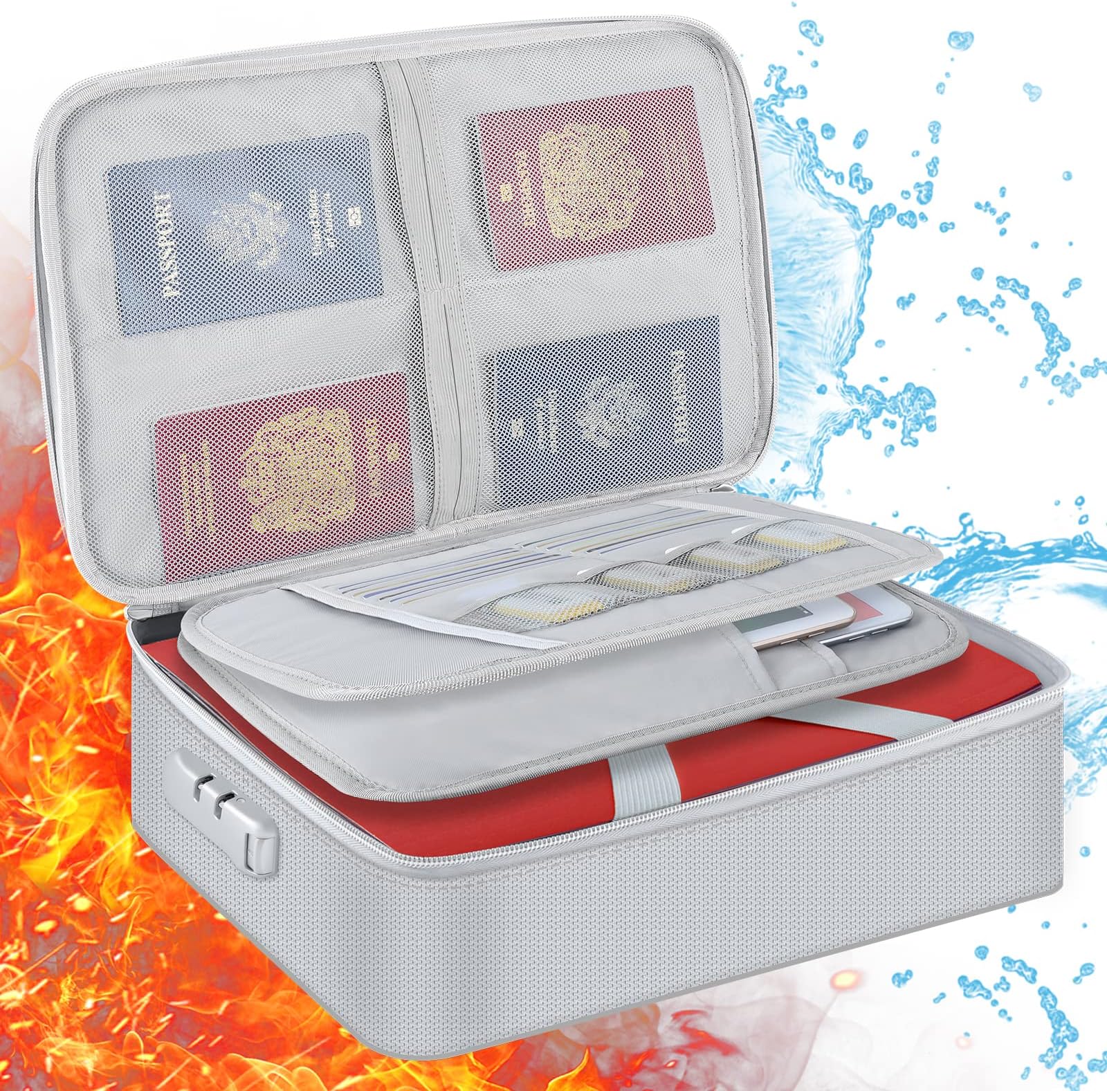 KeeQii Fireproof Document Box, 14"x11"x4" Fireproof Safety Box, Important Document Storage with Lock, Fireproof Storage Box for A4 Document, Passport, Certificates, and Valuables, Silver