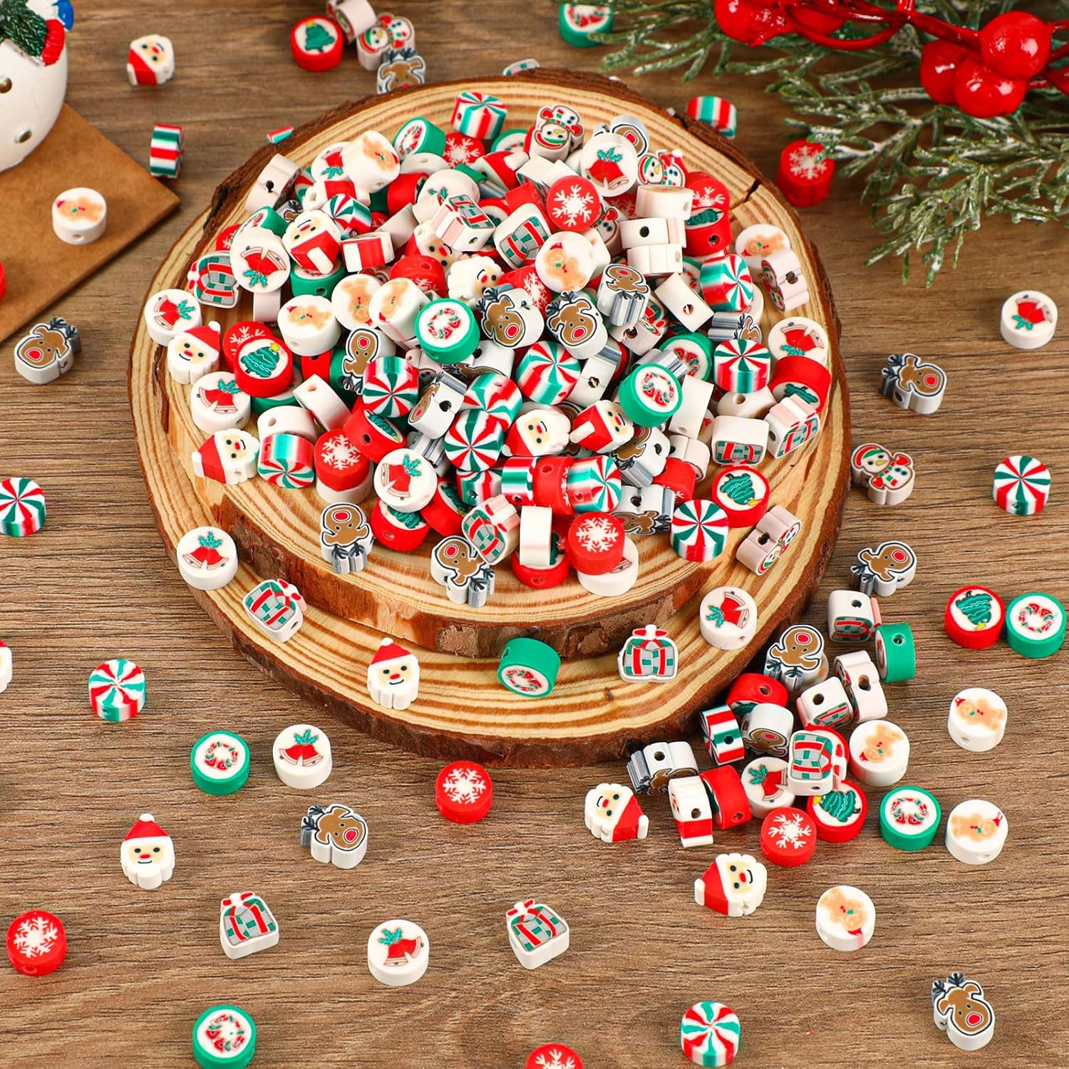 Augshy Christmas Polymer Clay Beads, 300PCS Xmas Heishi Spacer Assorted Santa Claus Snowflakes Snowman Gingerbread Man for Bracelet Necklace Jewelry Making - Image 3