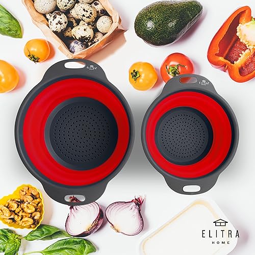 Miniatura 2 de Colador plegable, 2 piezas grande y pequeño colador de cocina de silicona para escurrir pasta, verduras y frutas - ROJO - por ELITRA HOME