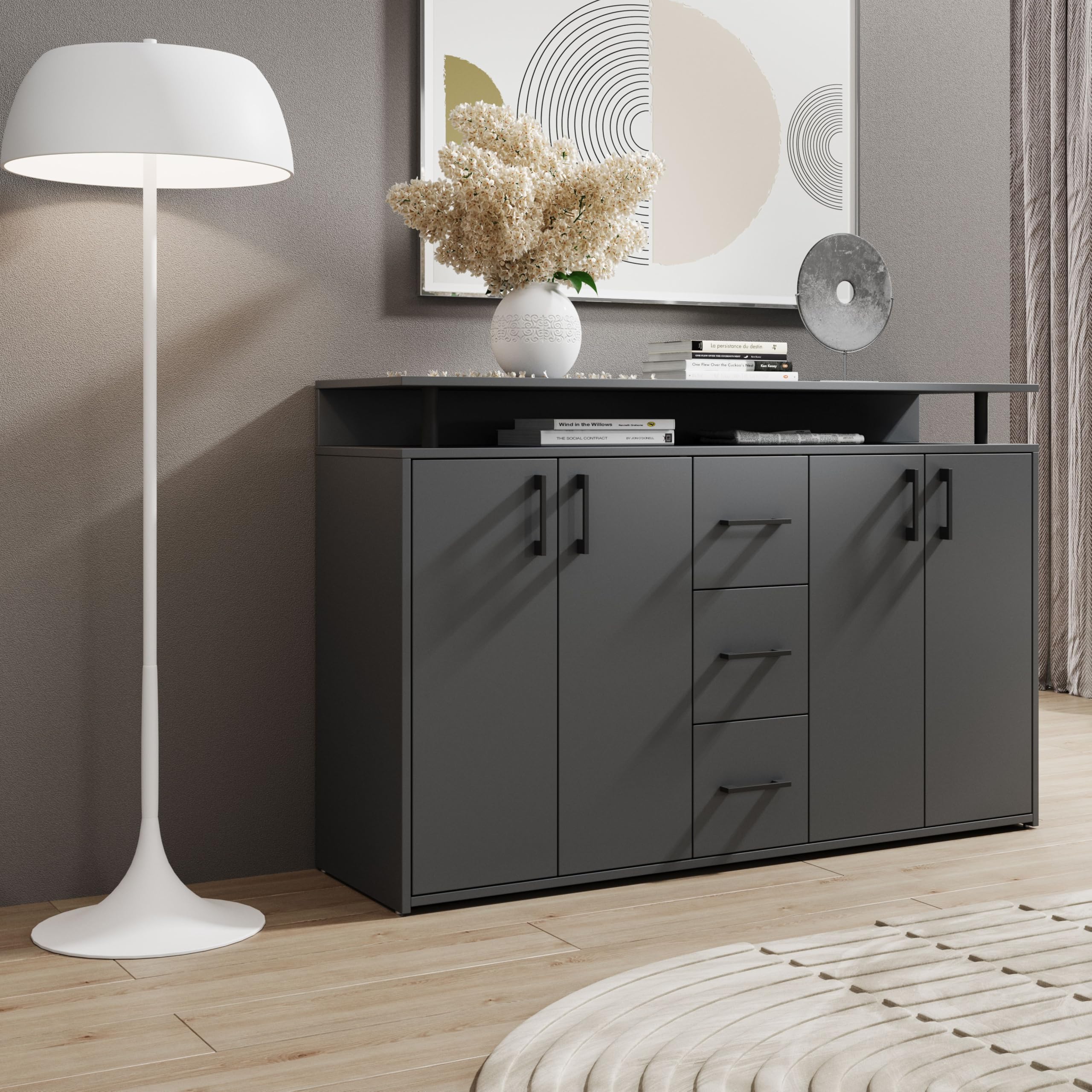 Drift Highboard mit Ablage in Anthrazit - Moderner Wohnzimmerschrank mit Schubladen und viel Stauraum für Ihren Wohnbereich - 139 x 90 x 34 cm (B/H/T) | Wohnzimmerschrank mit 4 Türen, 3 Schubladen, offenem Fach, melaminbeschichtete Oberfläche und viel Sta