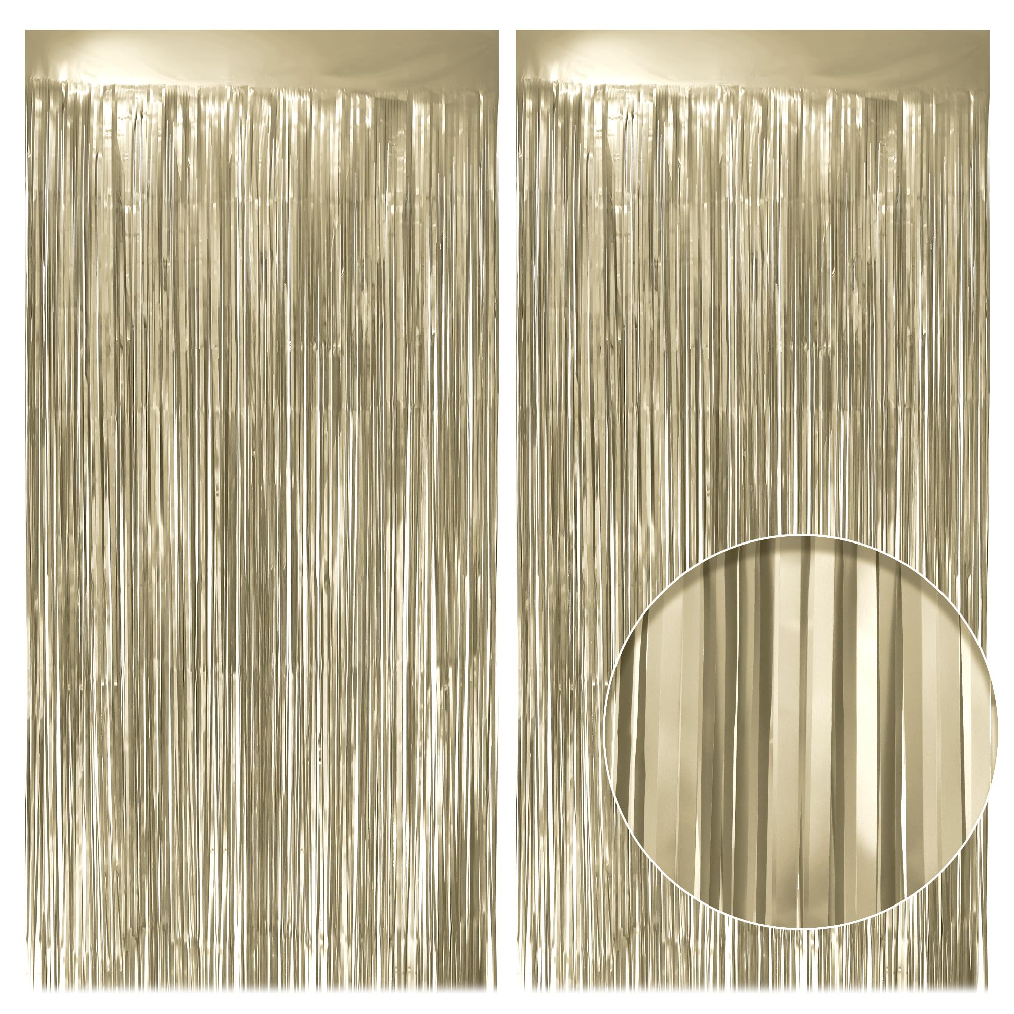 2 Pack Metallic Champagne Gold Fringe Backdrop, 3.2x8.2ft Shining Foil Tinsel Curtains, Birthday Party Decorations Door Streamers for Halloween,