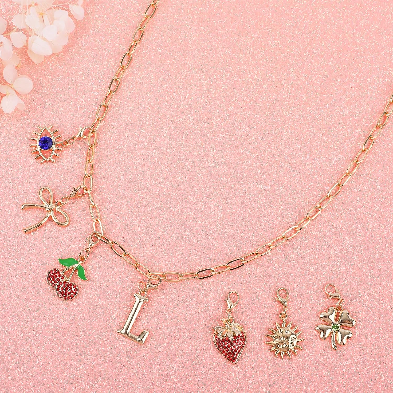 Initial Charm Necklace for Women, Evil Eye Four-Leaf Clover Sun Bow Cherry Strawberry Removable Charms Necklace Paper Clip Chain Choker, Trendy Jewelry Birthday Christmas Gifts for Her (Letter L ) - Image 5