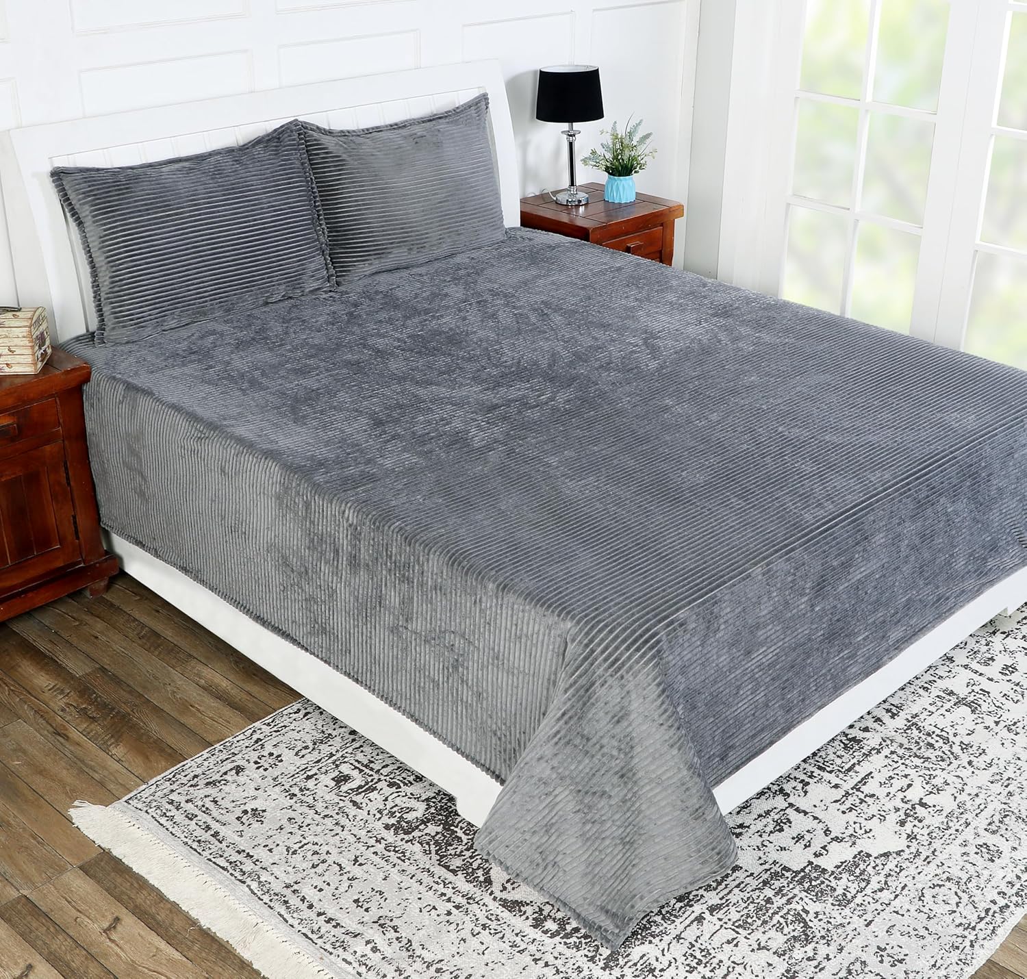 RD TREND 210 TC 190 GSM Flannel Warm bedsheets for Winter Double Flat Size (90 x 100 Inches) with 2 Pillow Cover Size (18×28 Inches) Colour Light Grey, Striped RD TREND 210 TC 190 GSM Flannel Warm bedsheets for Winter Double Flat Size (90 x 100 Inches) with 2 Pillow Cover Size (18×28 Inches) Colour Light Grey, Striped
