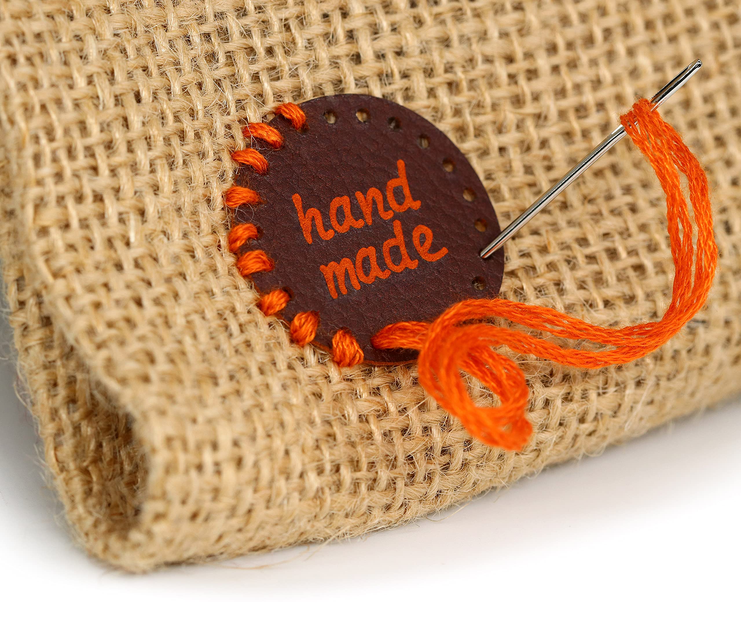 Etichette Handmade PU Rotonde - Arancione-Marrone MOD. RO02 - Tag Handmade Etichette Etichette Handmade da Cucire Fatto a Mano (30 Pezzi - Testo Personalizzato)