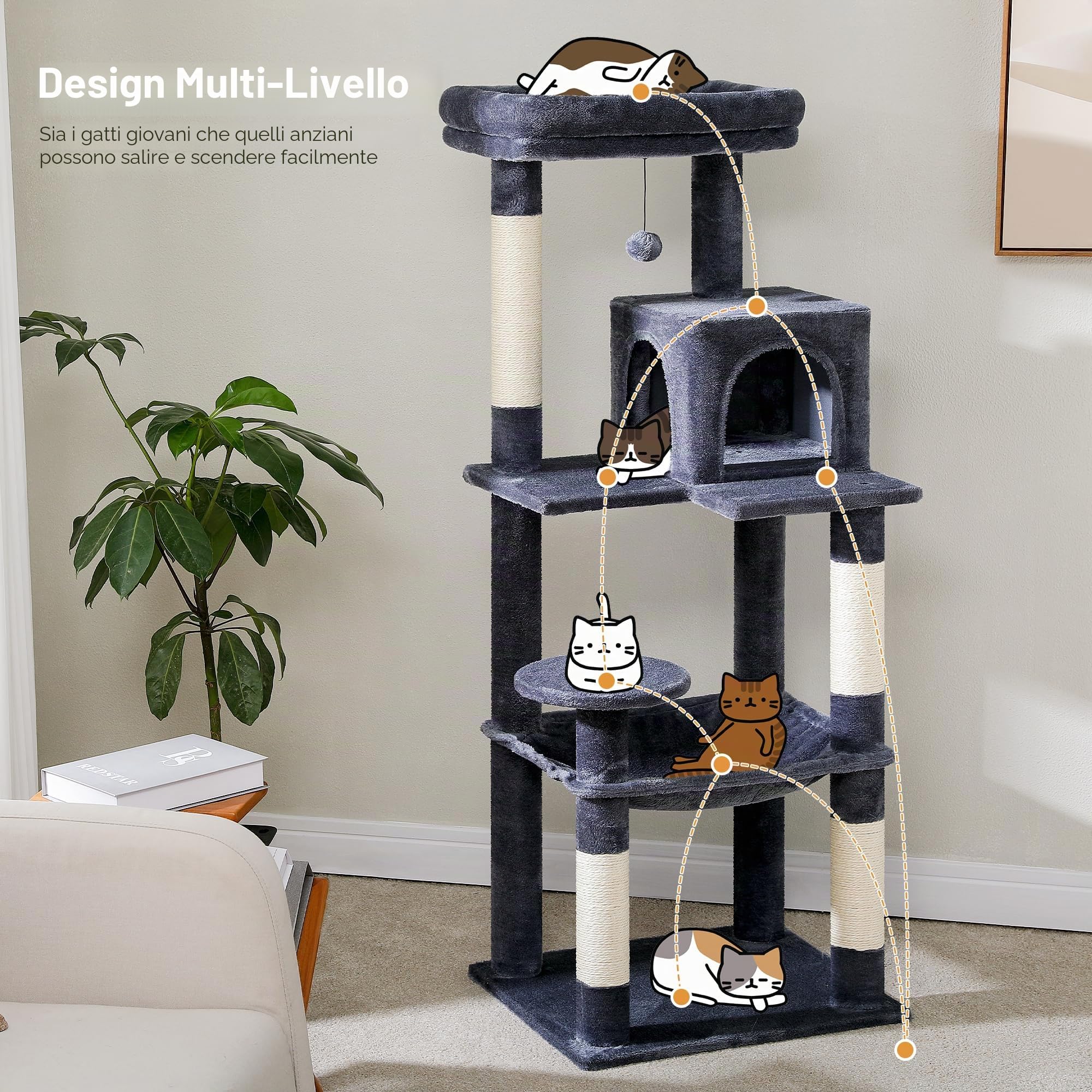 PAWZ Road Albero per Gatti Grande Con Amaca in Metallo Felpato - Torre da 143 cm Con Casa Condominiale a 2 Porte e 6 Ripiani