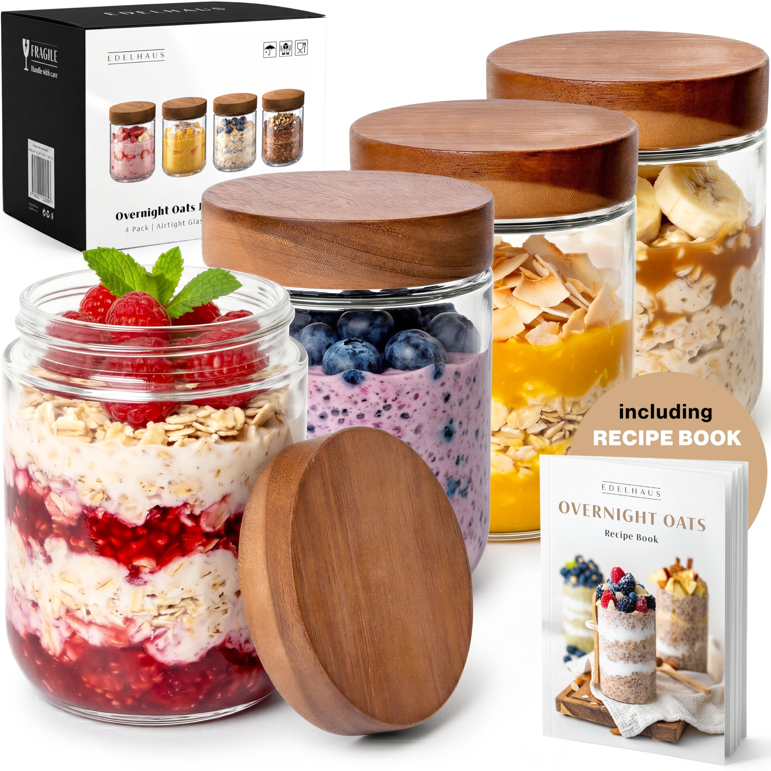EDELHAUS Overnight Oats Containers with Lids Acacia (4 x 16oz) Glass Jars for Oatmeal, Meal Prep, Food Storage | Leak-Proof Mason Jars for Oats, Cereal, Yogurt, Chia Pudding [Thicker Glass 3mm]