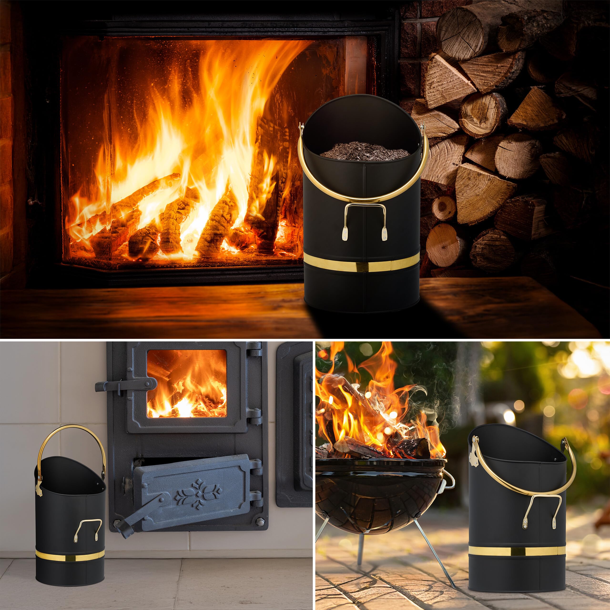 Relaxdays Wiadro na węgiel, 12 l, żelazo, pojemnik na węgiel z uchwytem i uchwytem, kosz na węgiel do napełniania, kominek, grill, czarny/złoty