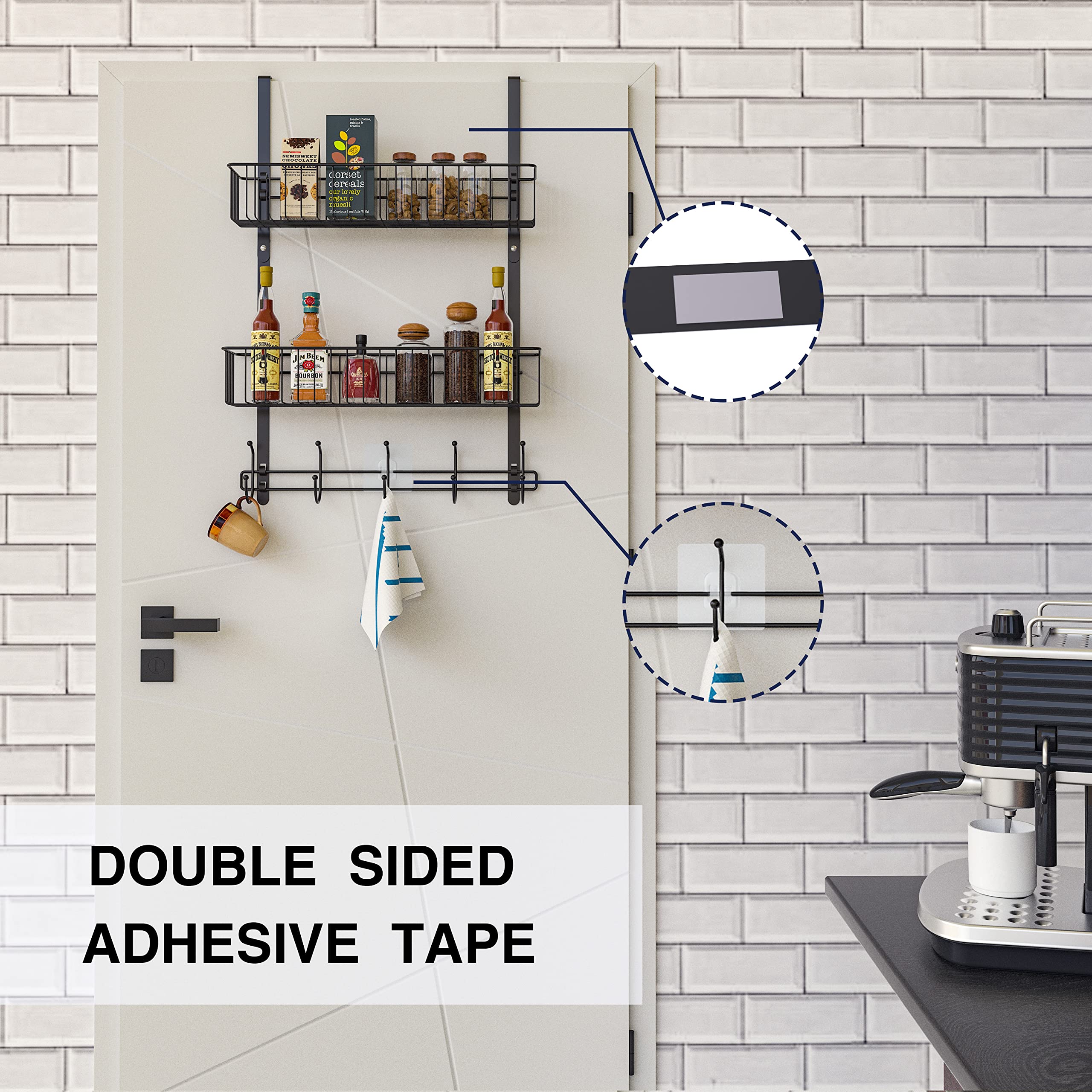 Aimeaihe Over The Door Hooks, Door Hanger Towel Rack with 5 Coat Hooks & 2 Mesh Basket, Over Door Organizer for Bathroom, Bedroom, Kitchen, Office, Easy Installation, Black